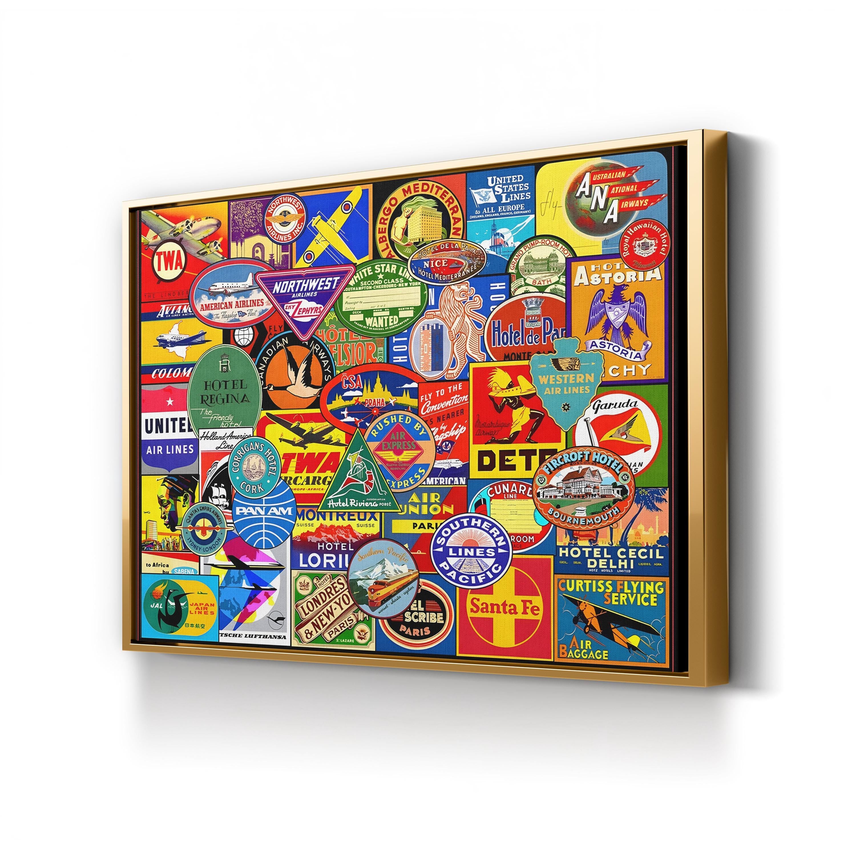 Vintage Travel Luggage Stickers – Period Illustration Wall Art | Retro Wanderlust Canvas Print