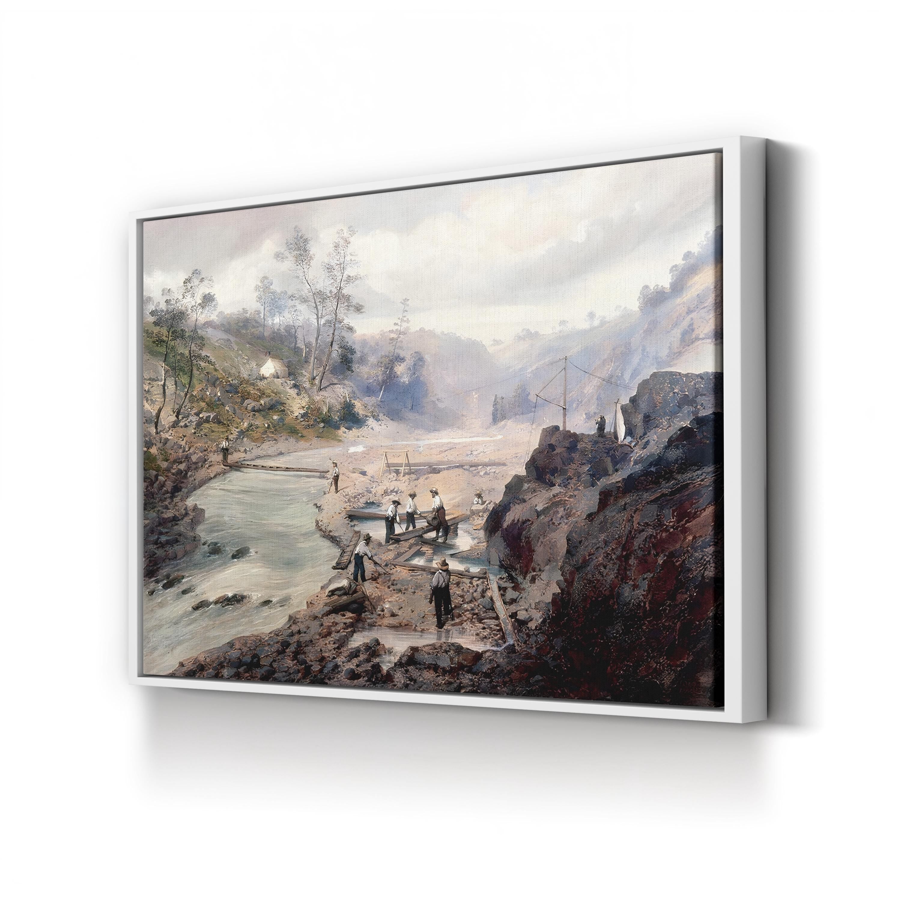Washing Gold, Calaveras, California, 1853 canvas print in White frame