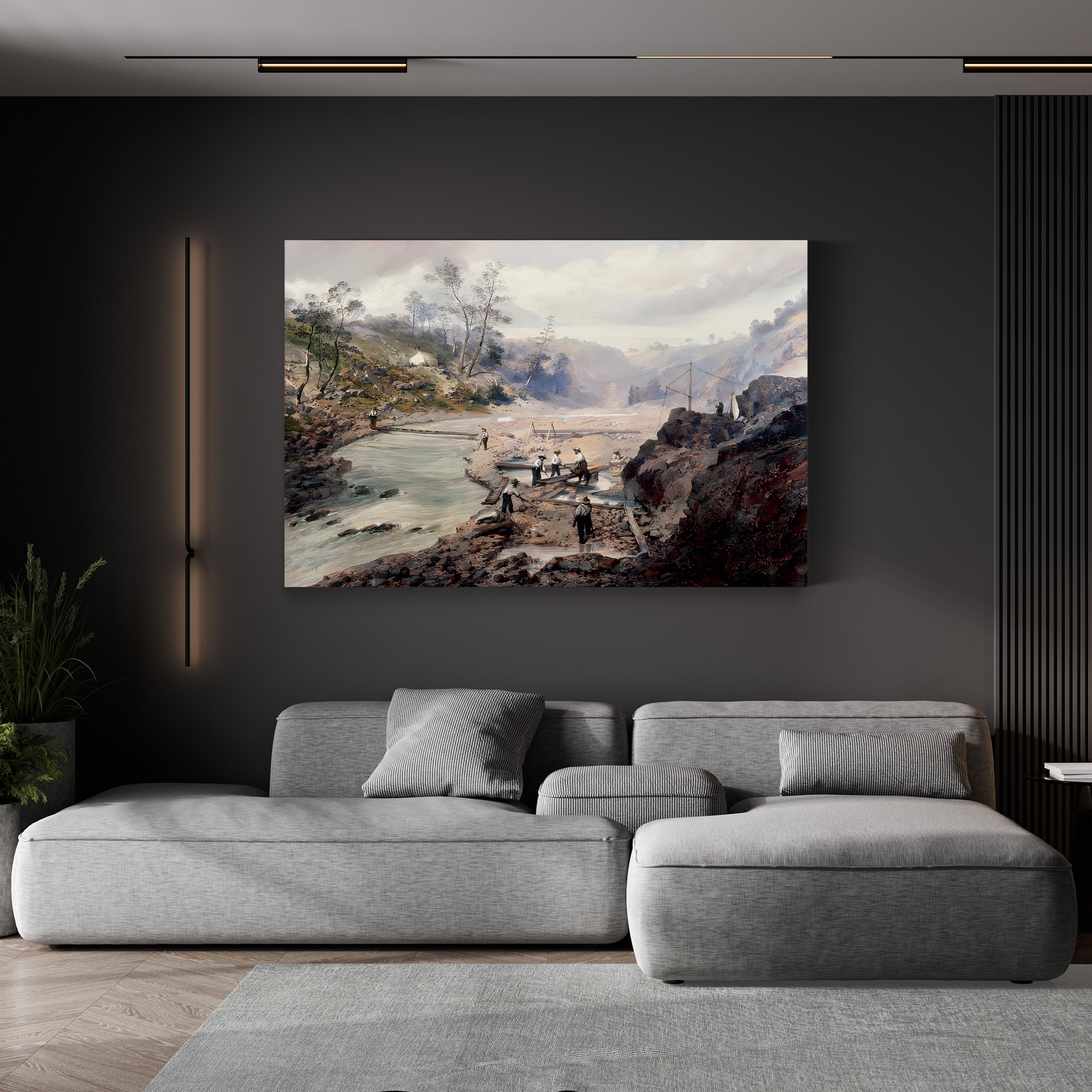 Washing Gold, Calaveras, California, 1853 canvas print displayed in a modern living room
