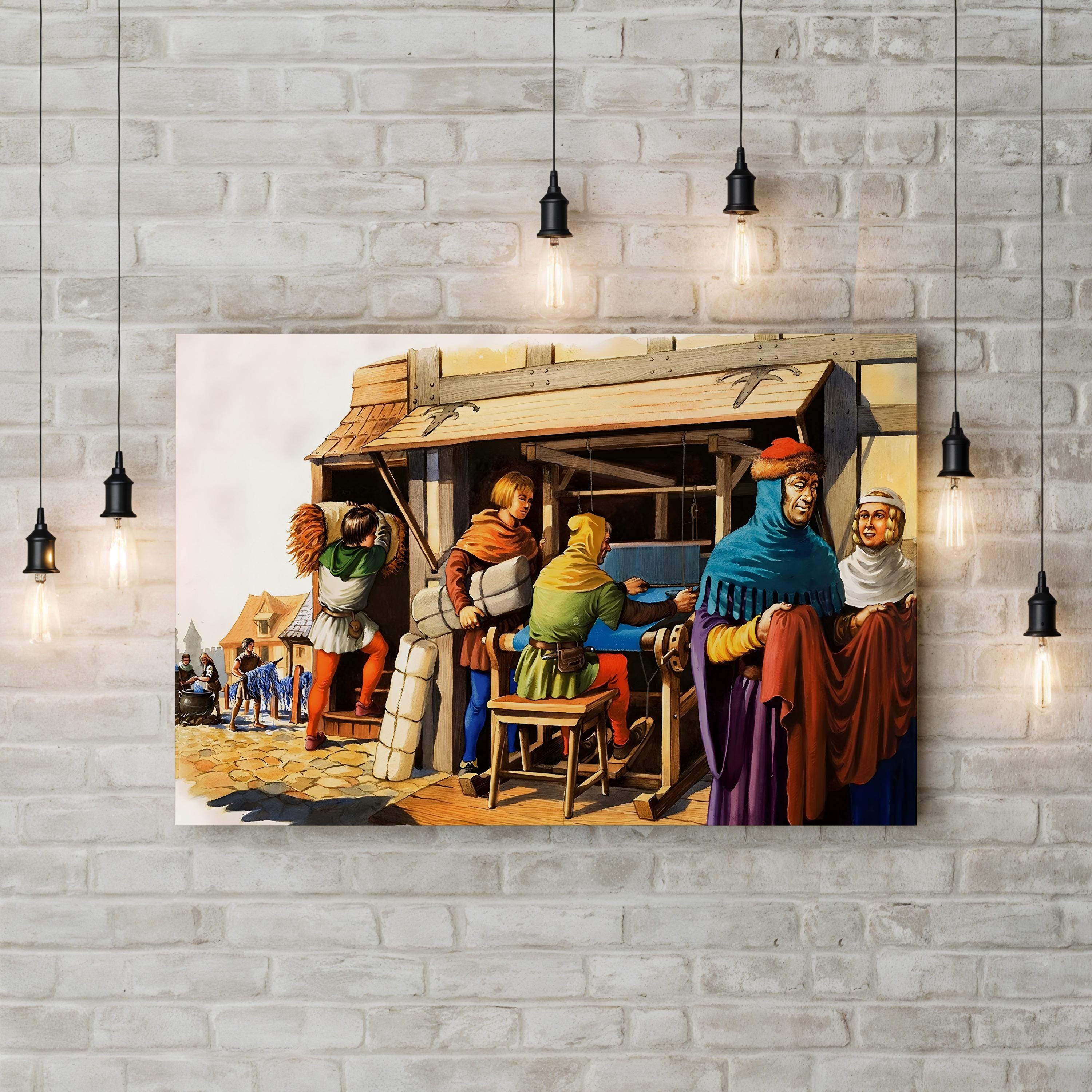 Weaving on a Loom Medieval Craft – Michael Godfrey Wall Art | Historical Canvas Print