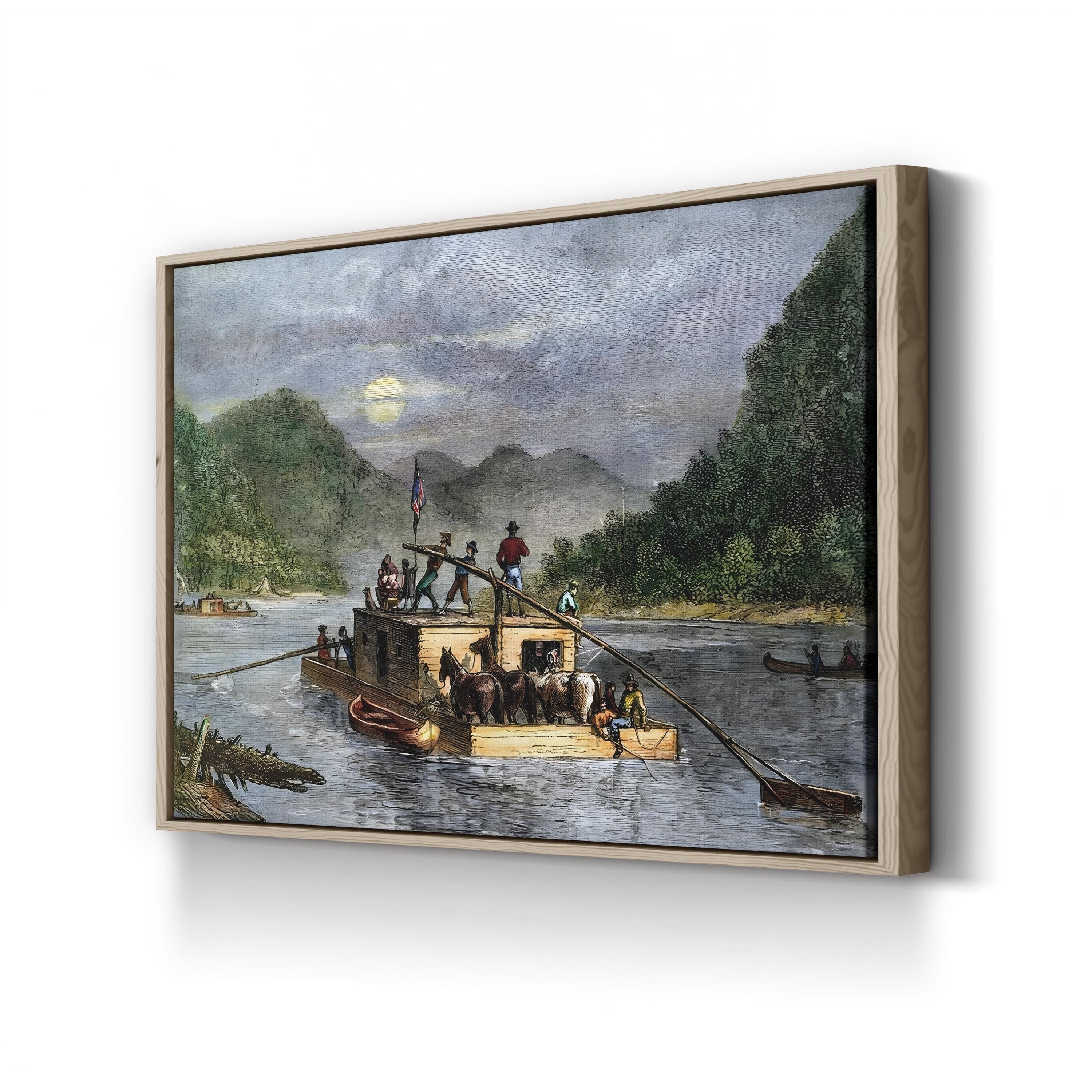 Flatboat on an American River, 19th Century Wall Art — Vintage River Transport Illustration