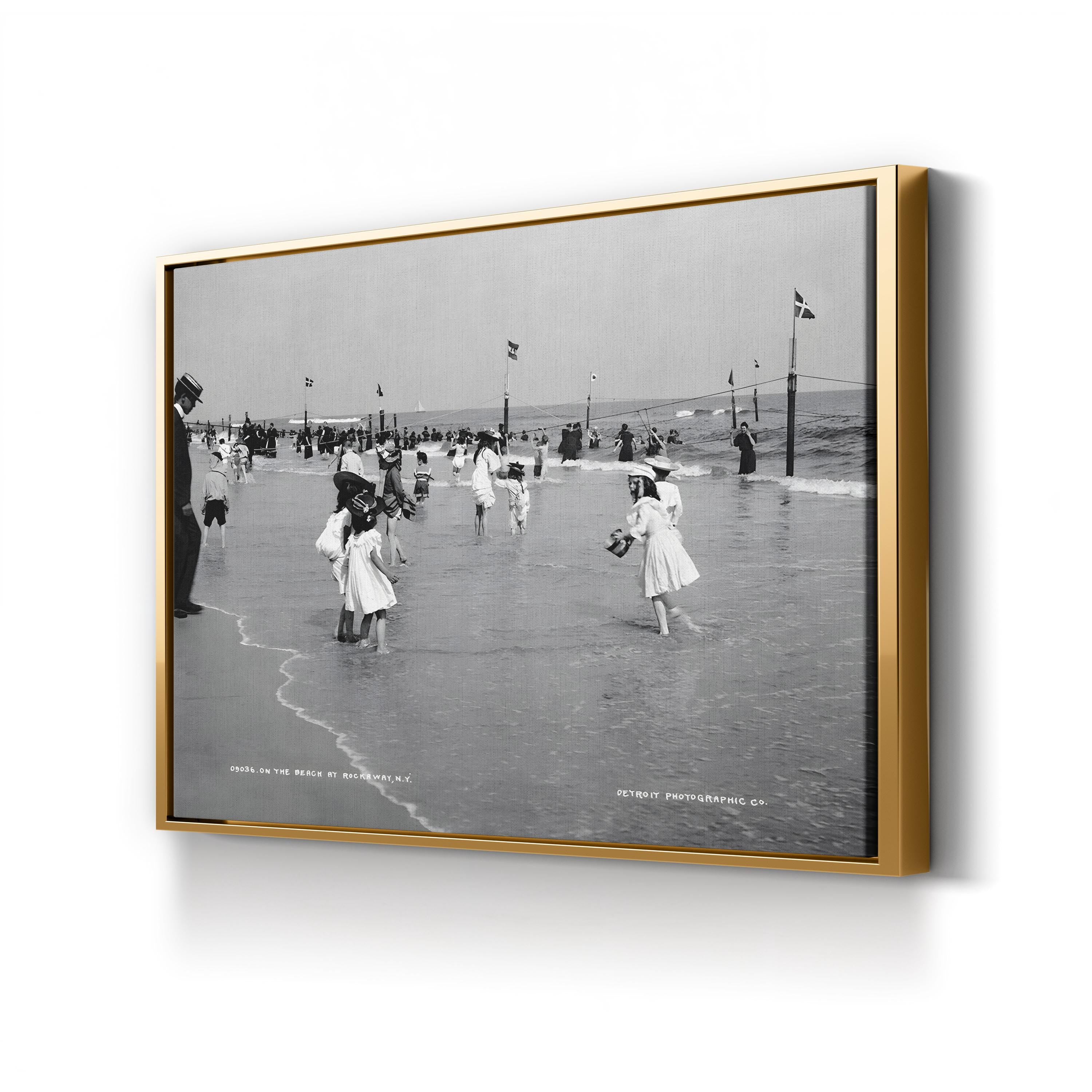 Children on the Beach at Rockaway, New York (1904) – Framed Antique Beach Scene Photography Canvas Art