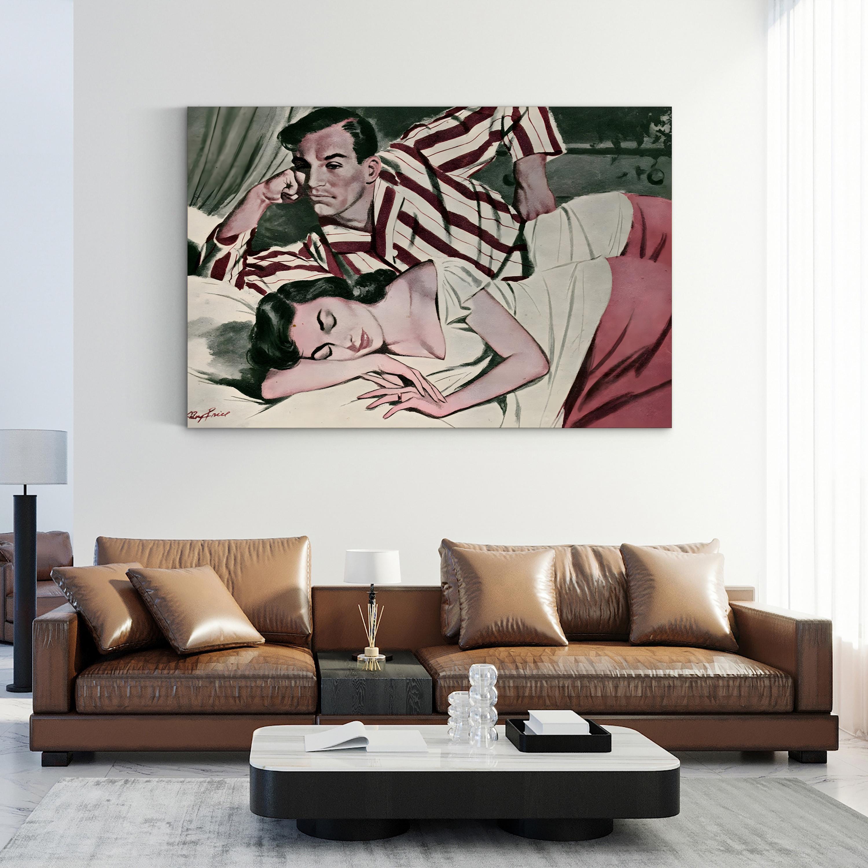 1950s Retro Bedroom Couple – Period Illustration Wall Art | Vintage Domestic Canvas Print