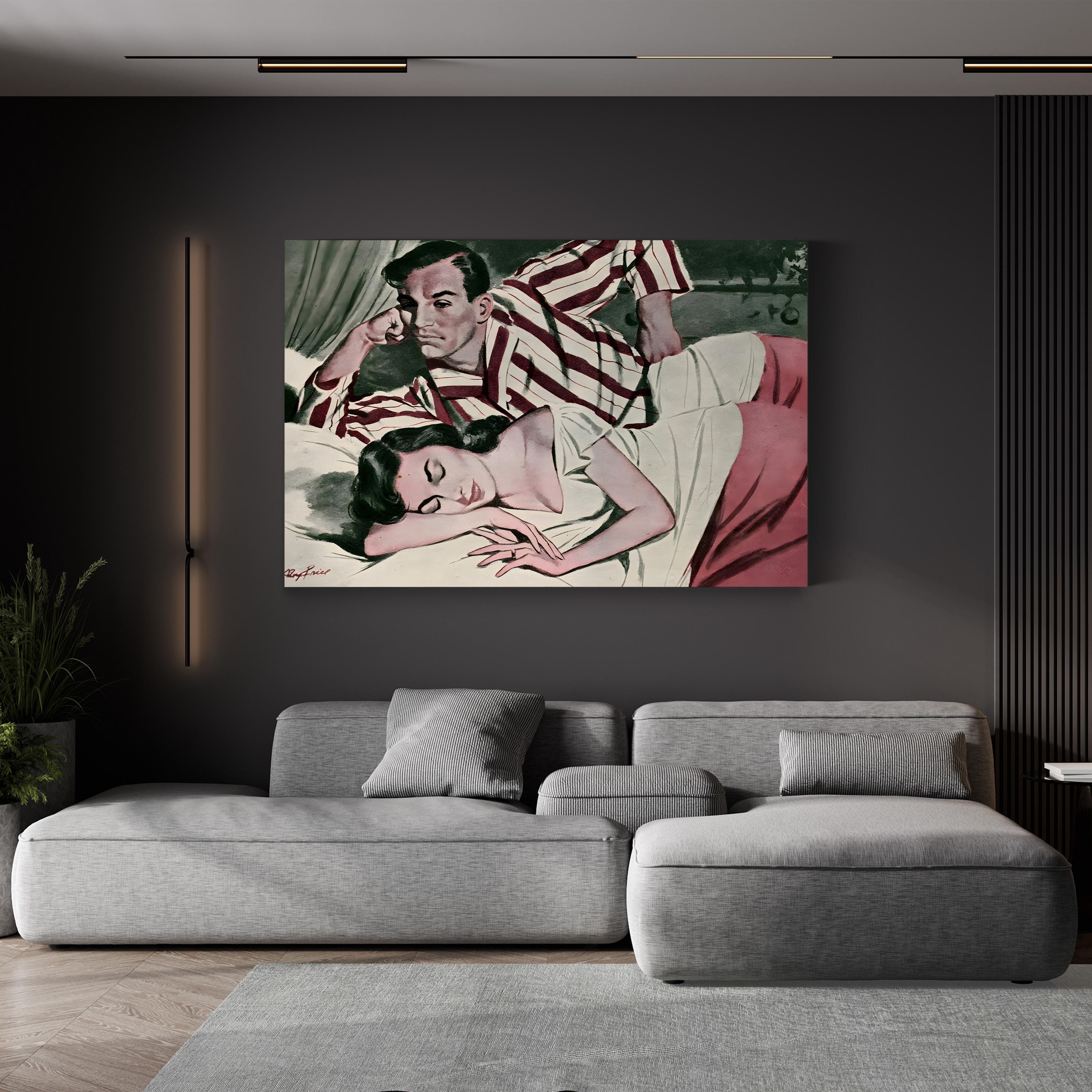 1950s Retro Bedroom Couple – Period Illustration Wall Art | Vintage Domestic Canvas Print