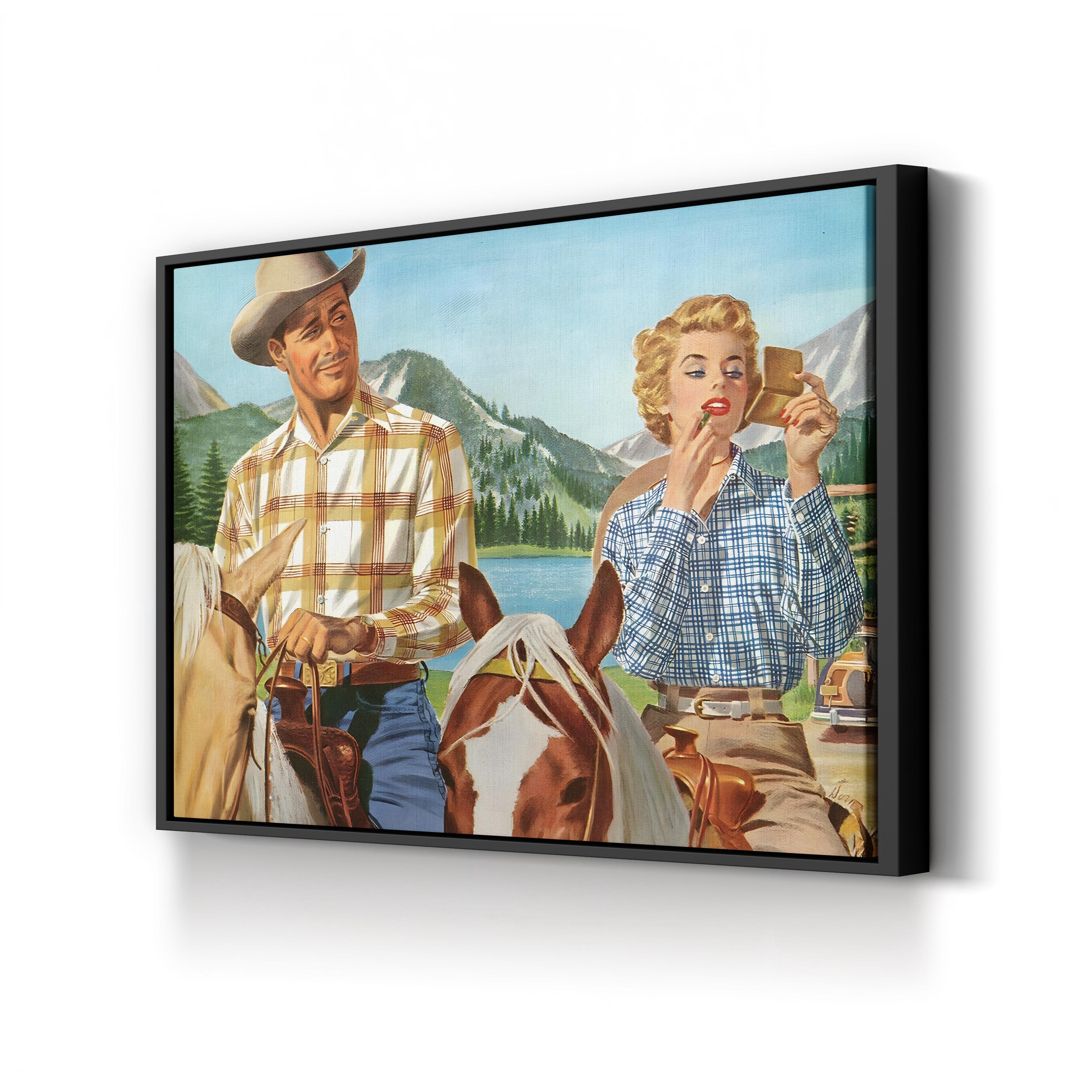 Cowboy & Woman Frontier Scene canvas print in Black frame