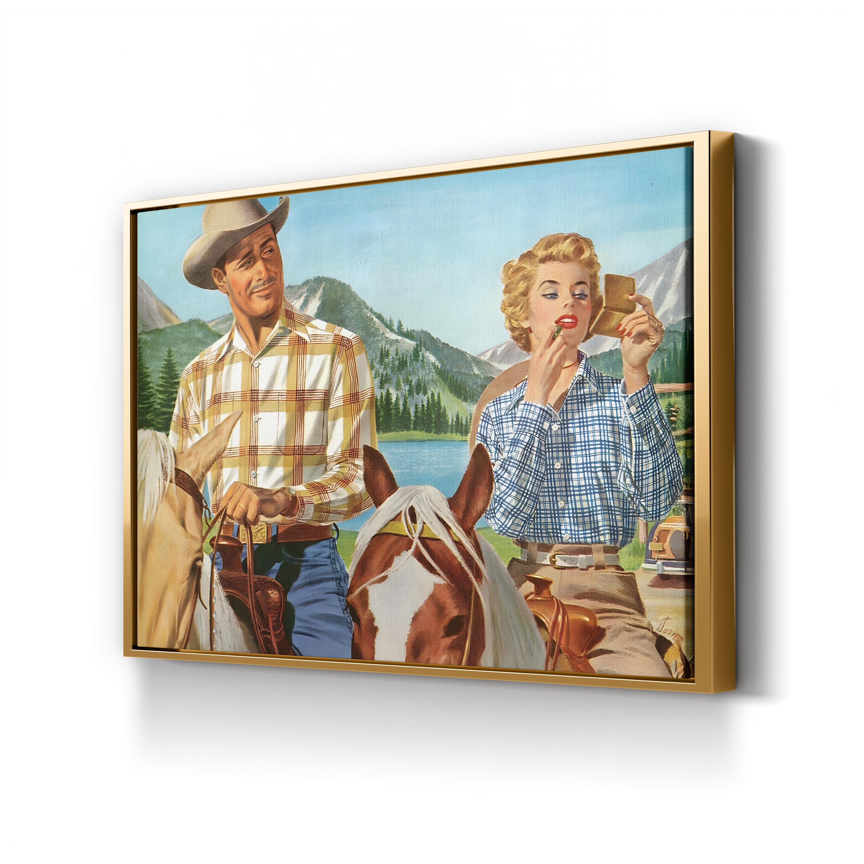 Cowboy & Woman Frontier Scene canvas print in Gold frame
