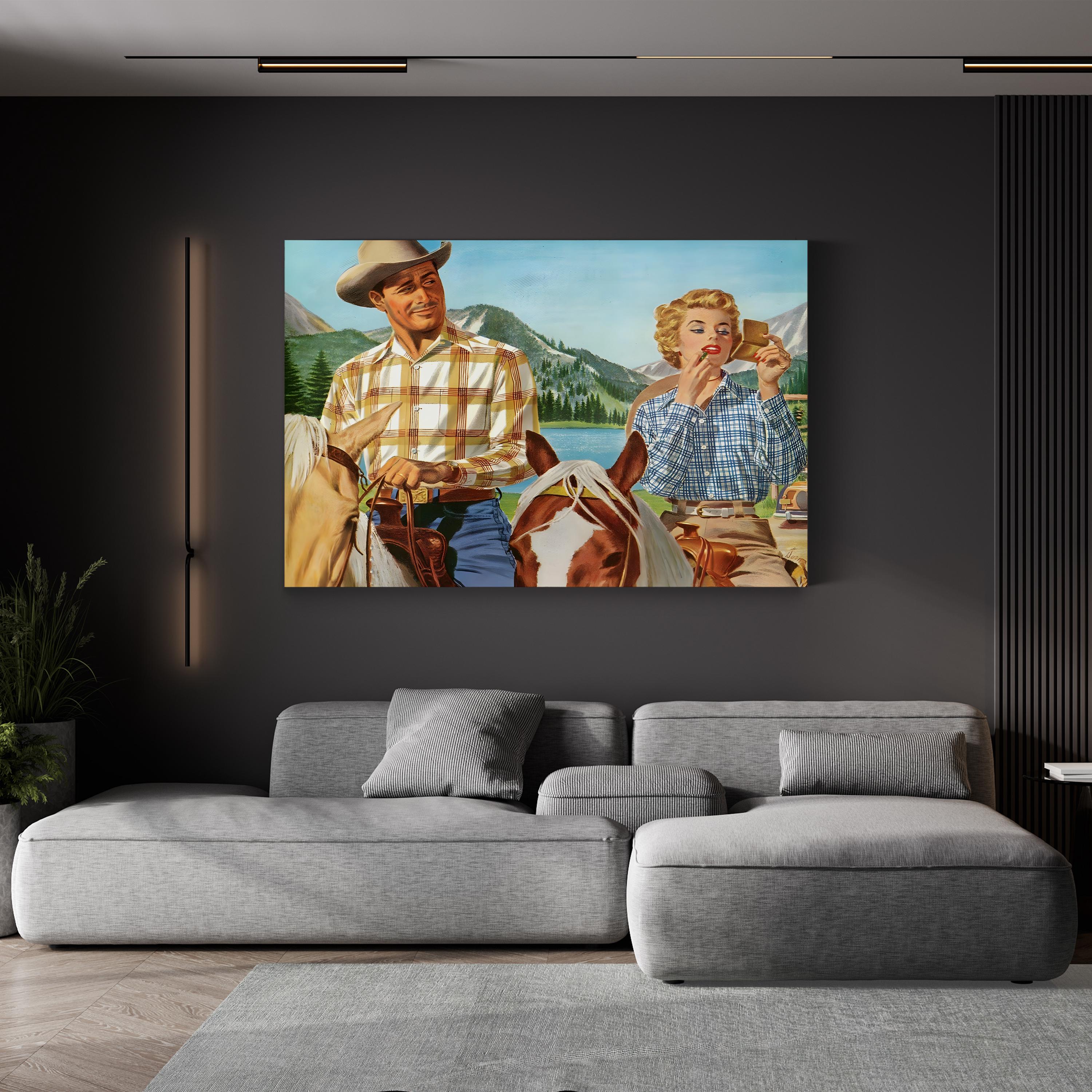 Cowboy & Woman Frontier Scene canvas print in Gallery Canvas frame