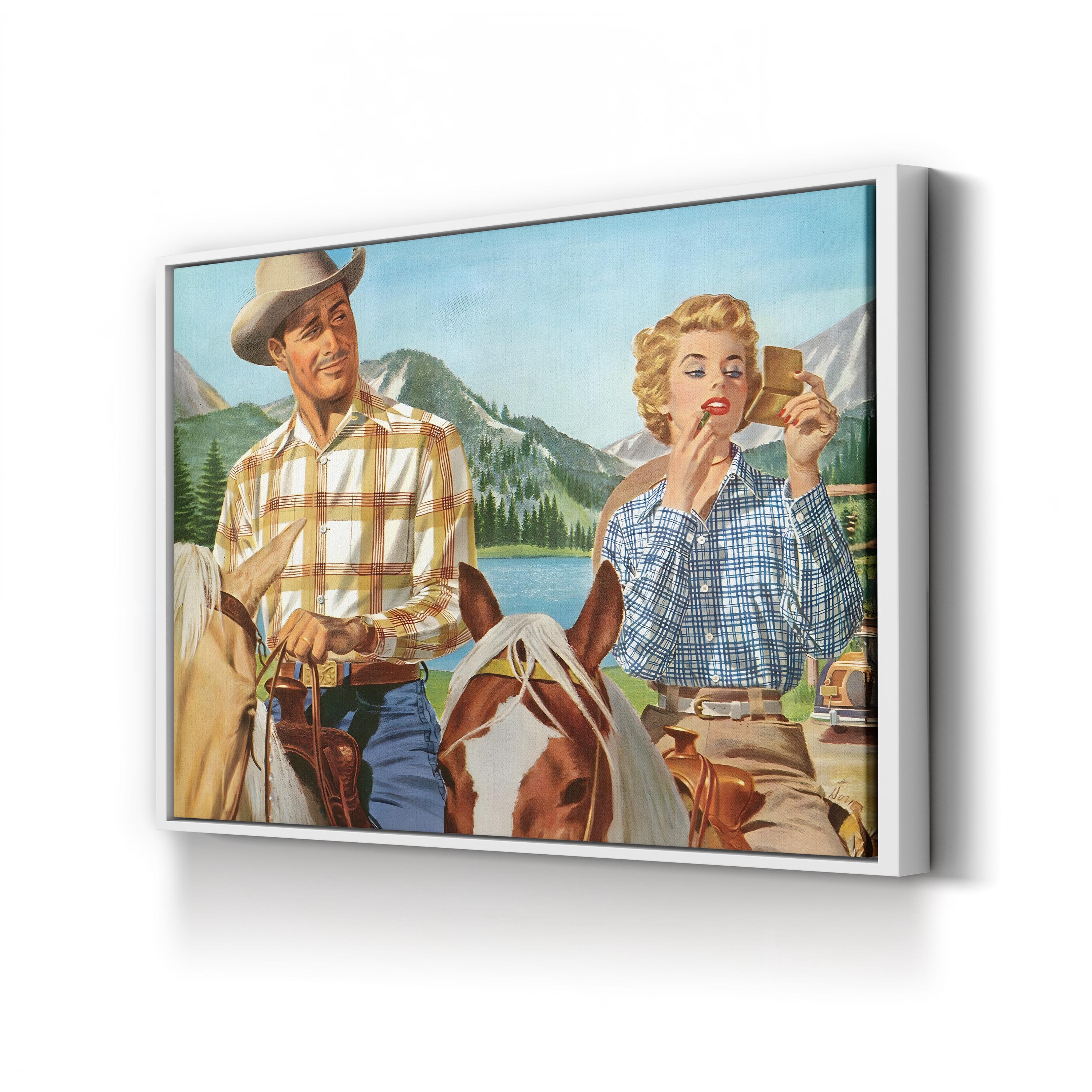 Cowboy & Woman Frontier Scene canvas print in White frame