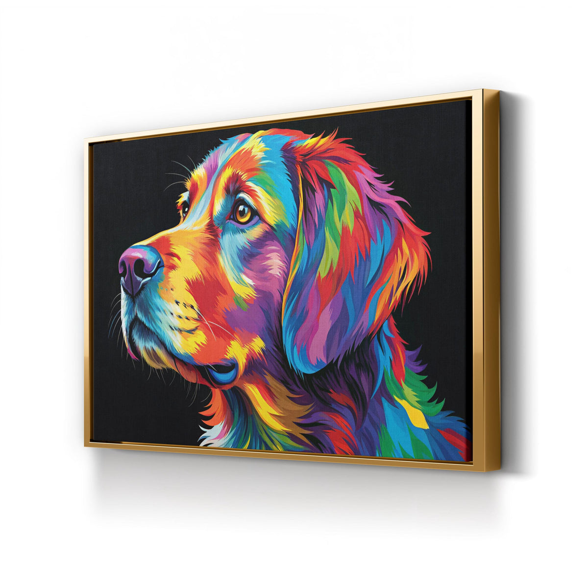 Colorful Dog Pop Art canvas print in gold framed canvas