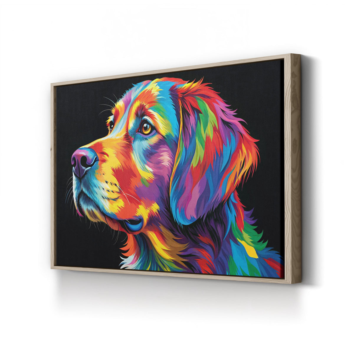 Colorful Dog Pop Art canvas print in oak framed canvas