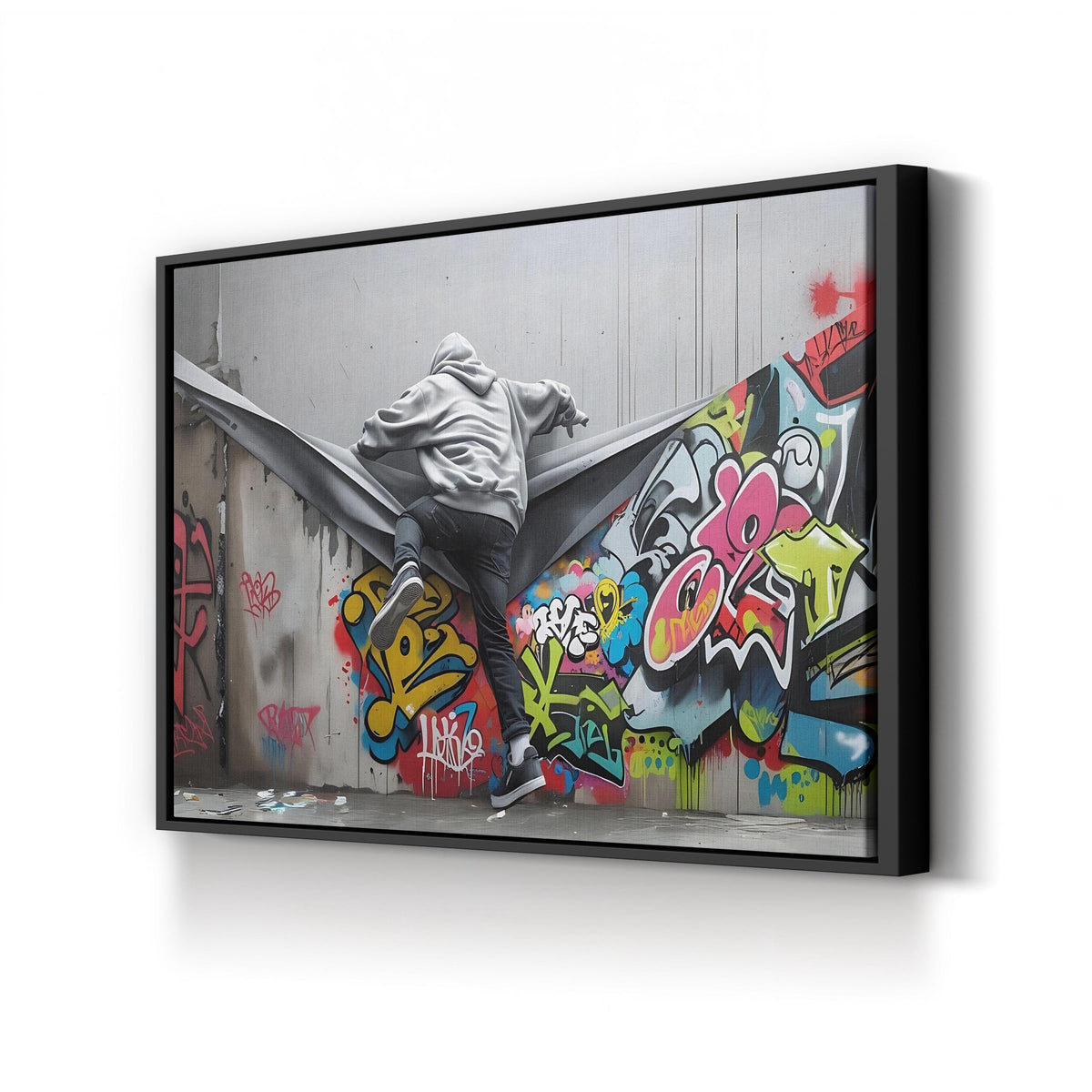 Banksy Style Graffiti Stencil Street Art canvas print in black frame