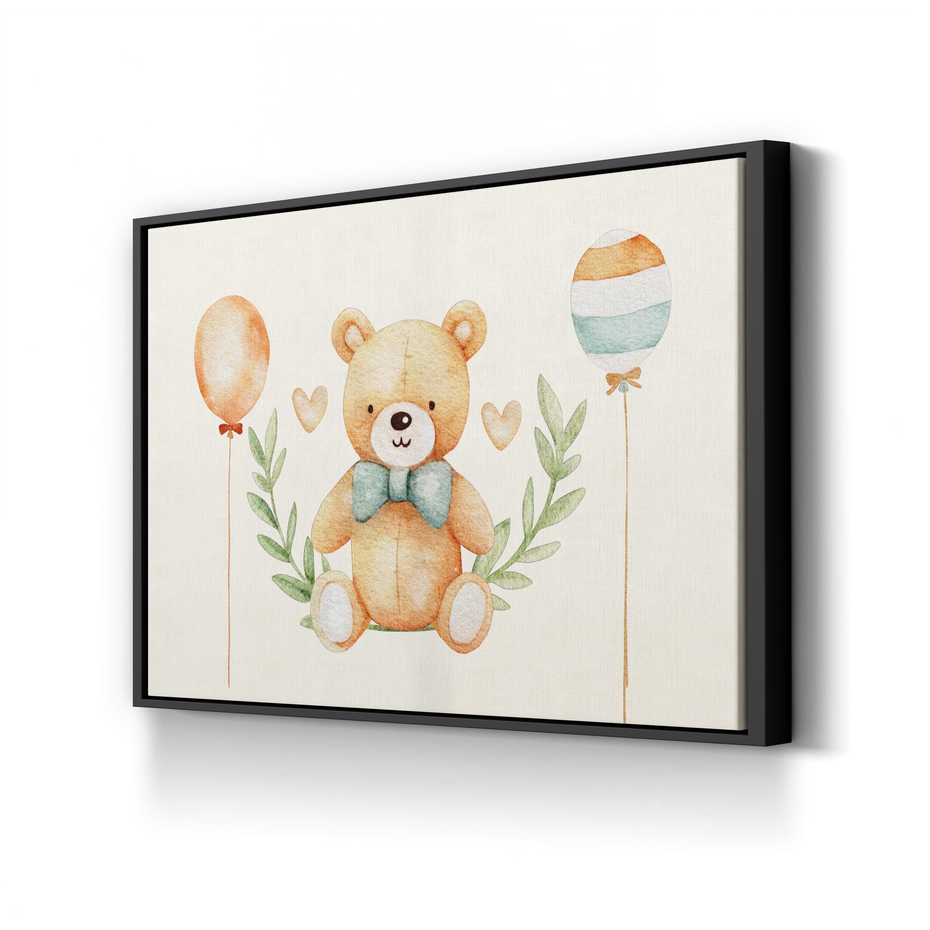 Framed artwork of a teddy bear with balloons on a white background