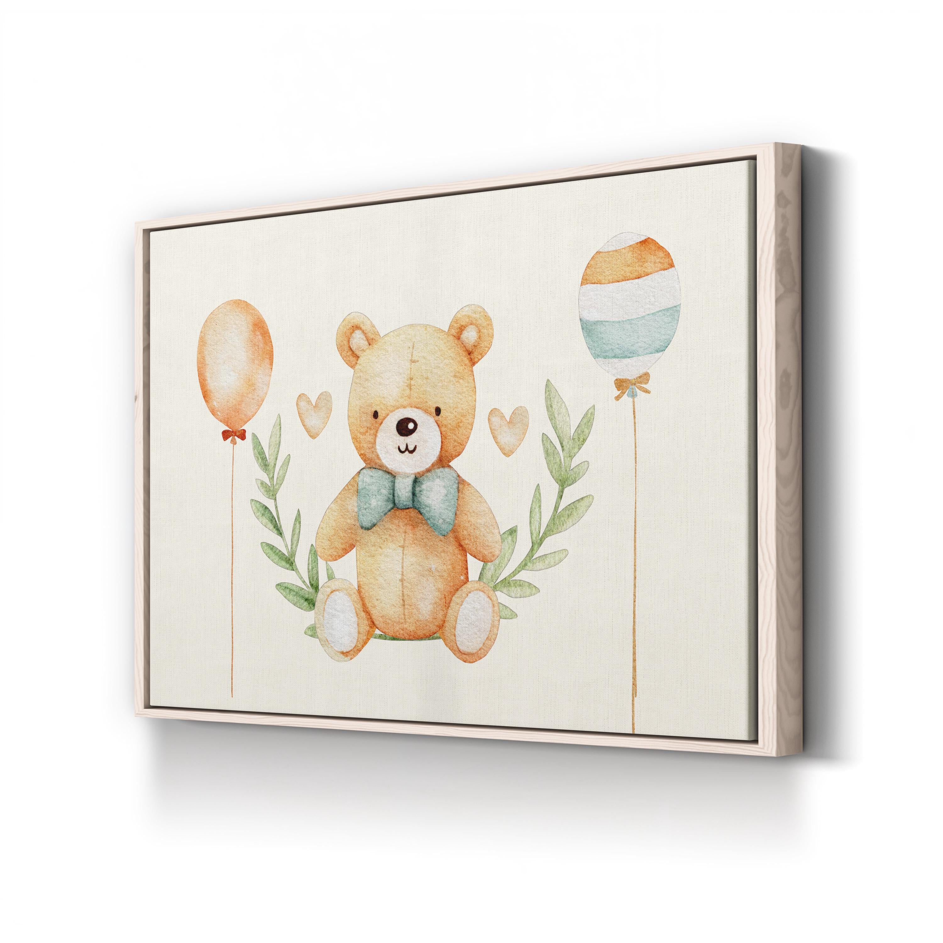 Framed artwork of a teddy bear with balloons on a white background