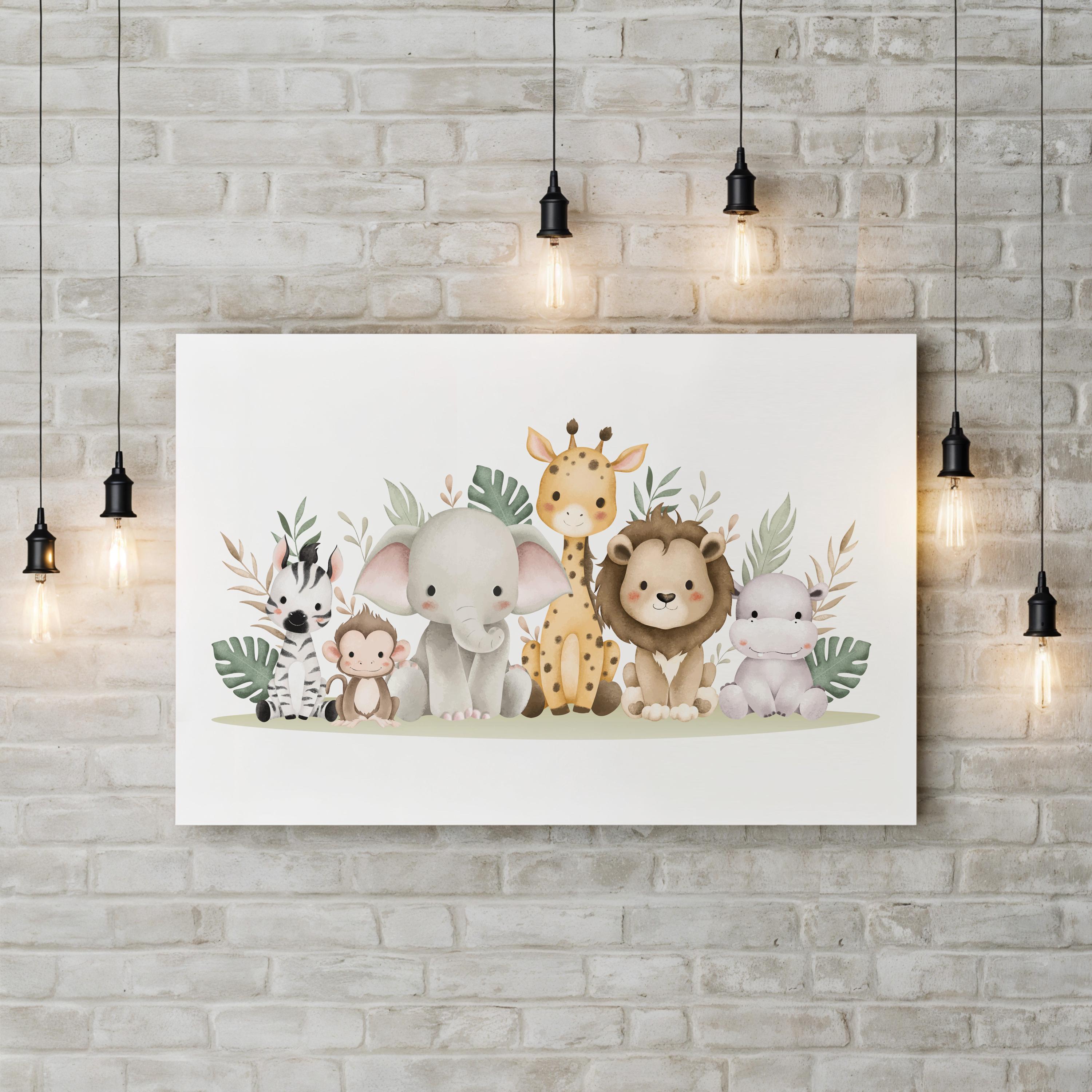 Safari Animal Nursery Canvas Print | Watercolor Jungle Illustration Wall Art