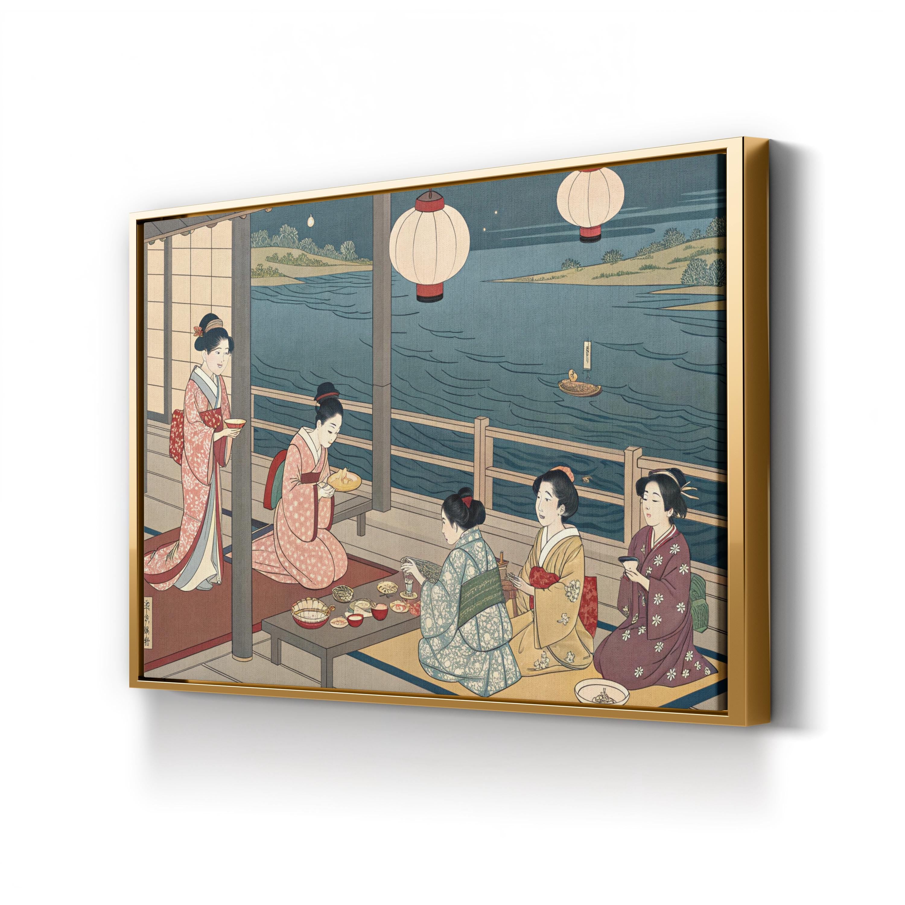 Geisha Evening Gathering by the River canvas print in gold frame