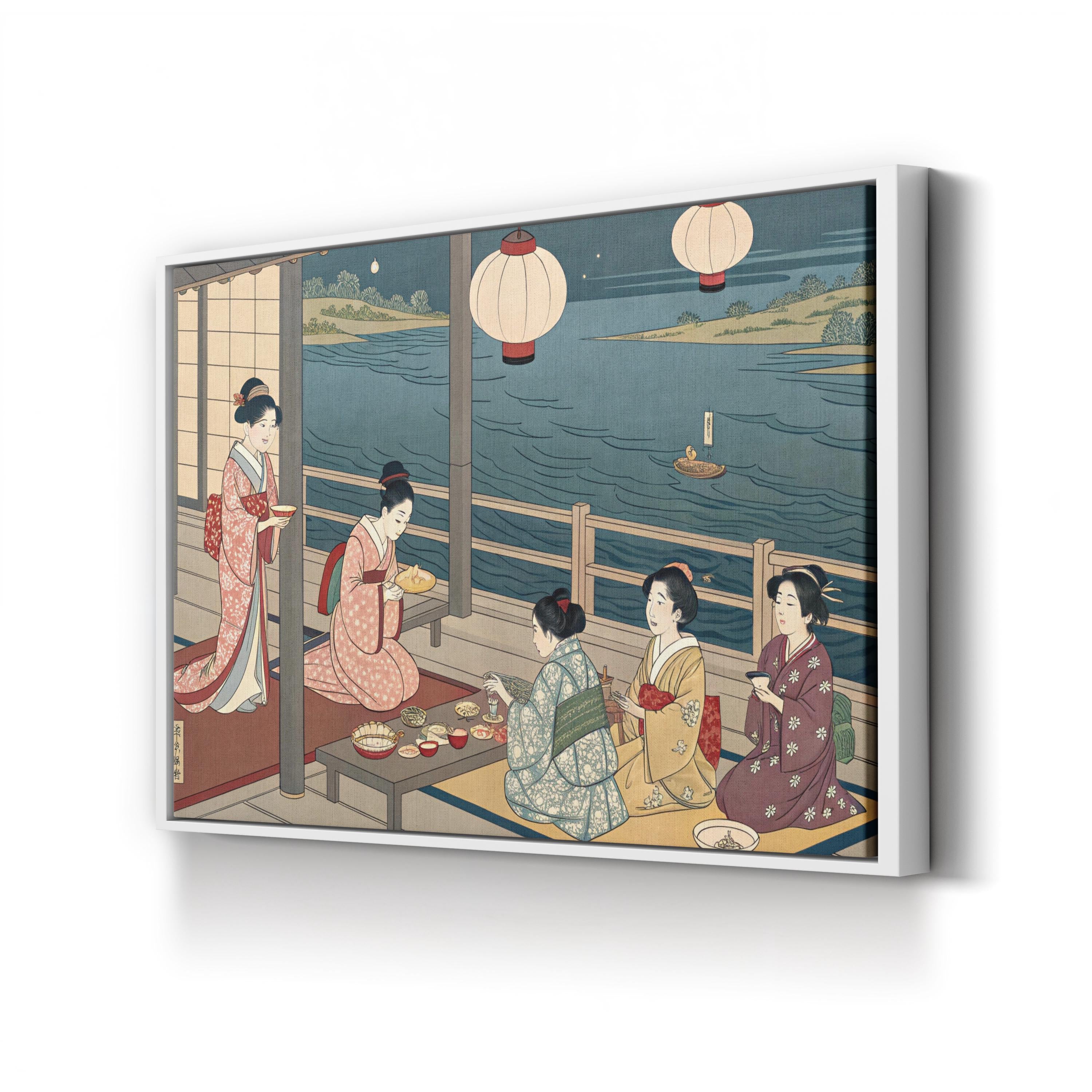 Geisha Evening Gathering by the River canvas print in white frame