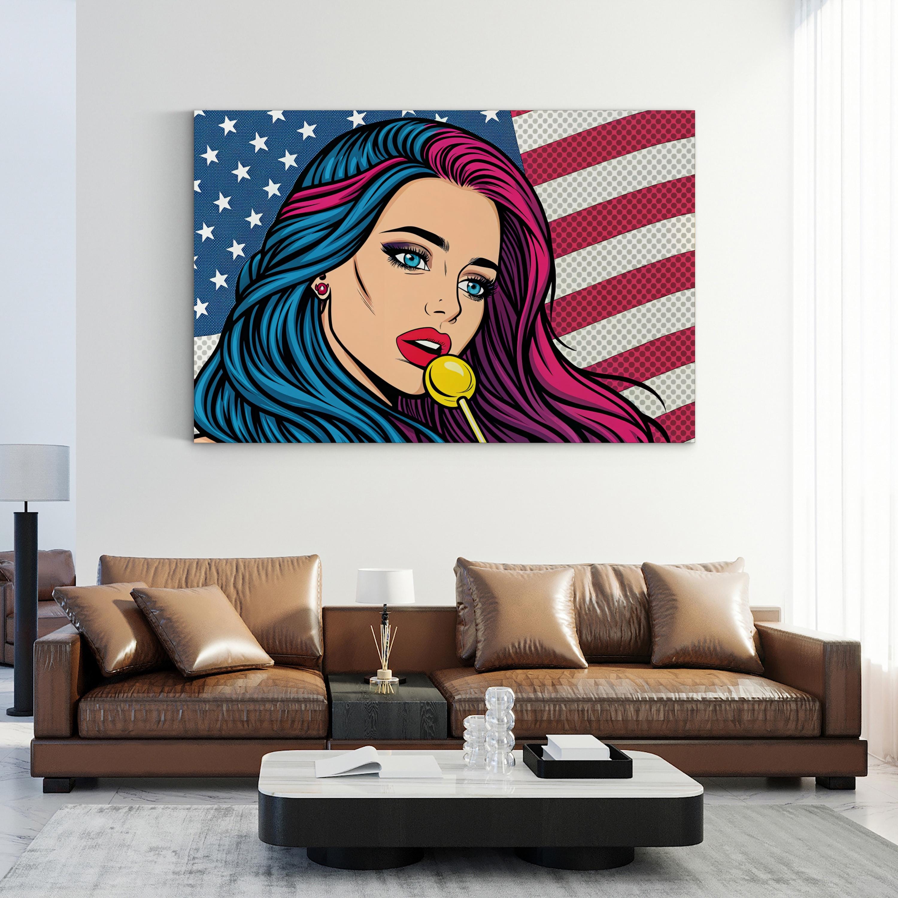 Retro Comic Girl with American Flag Wall Art | Pop Art Graphic Canvas Print