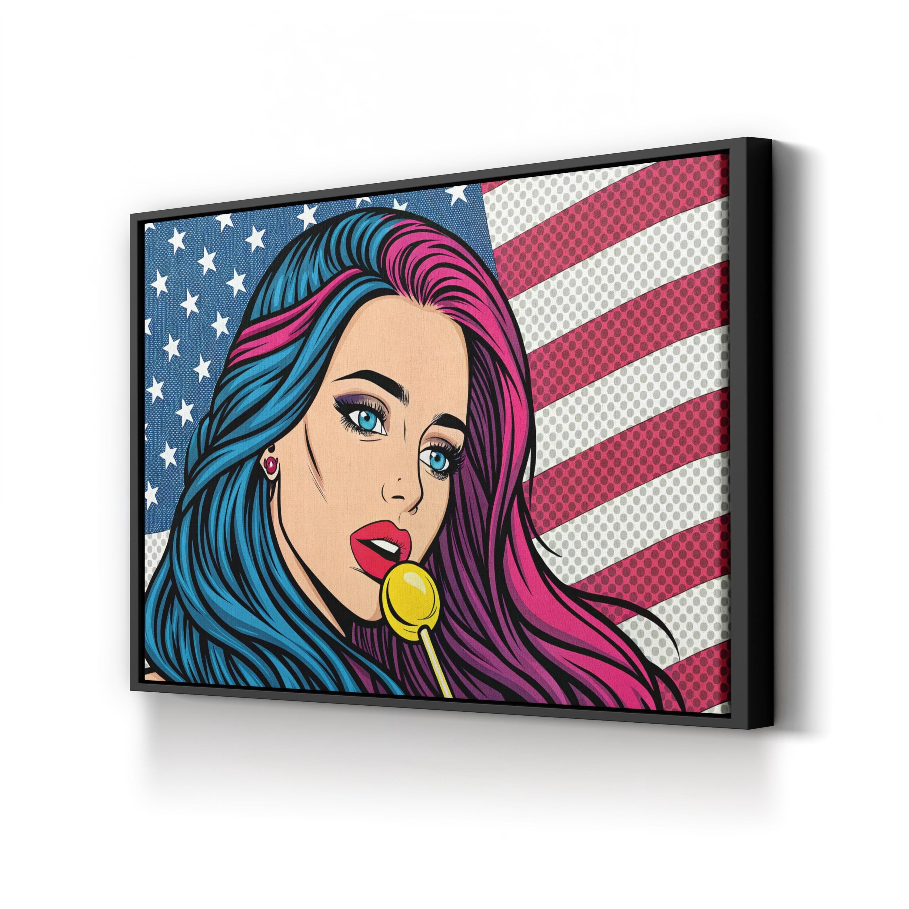 Retro Comic Girl with American Flag Wall Art | Pop Art Graphic Canvas Print