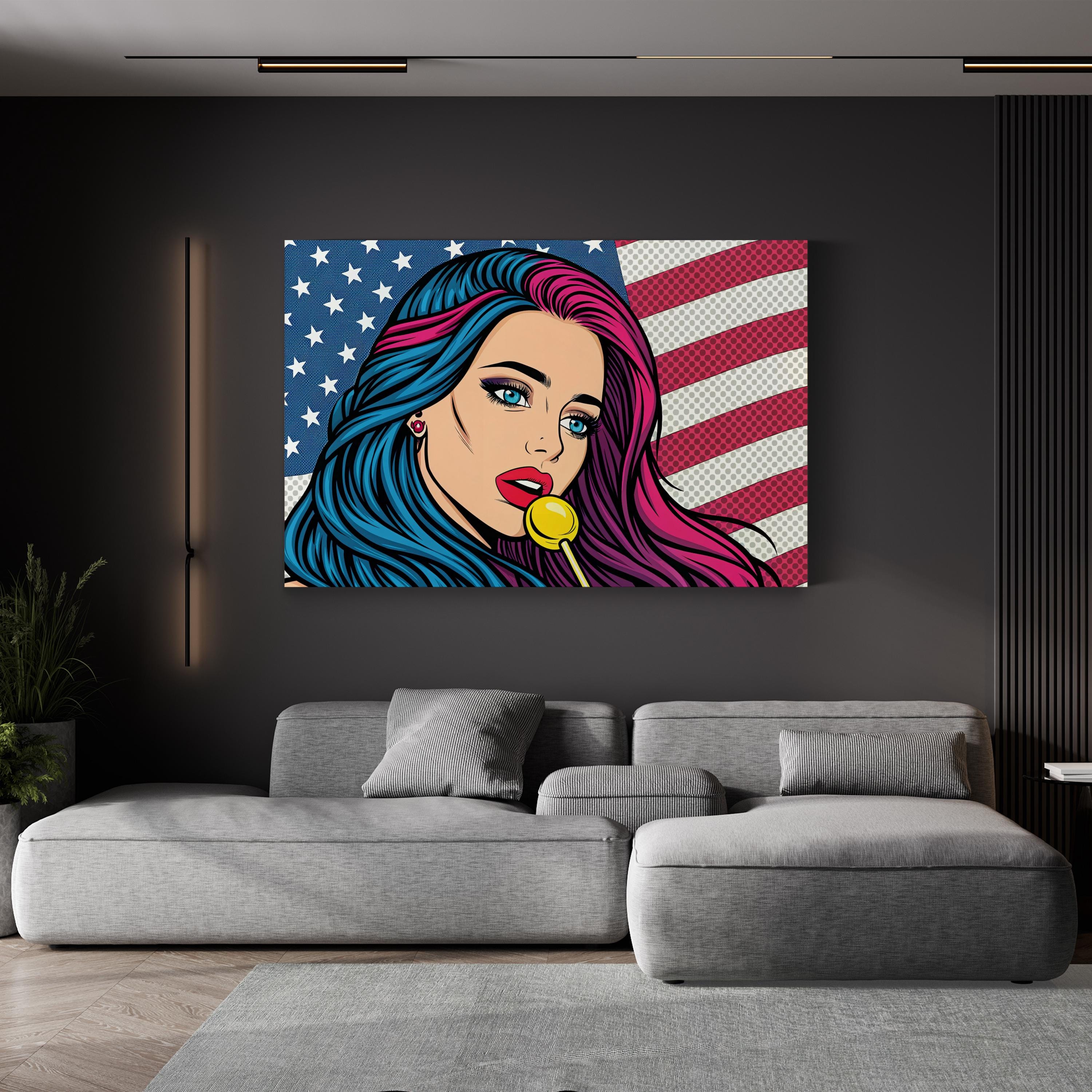 Retro Comic Girl with American Flag Wall Art | Pop Art Graphic Canvas Print