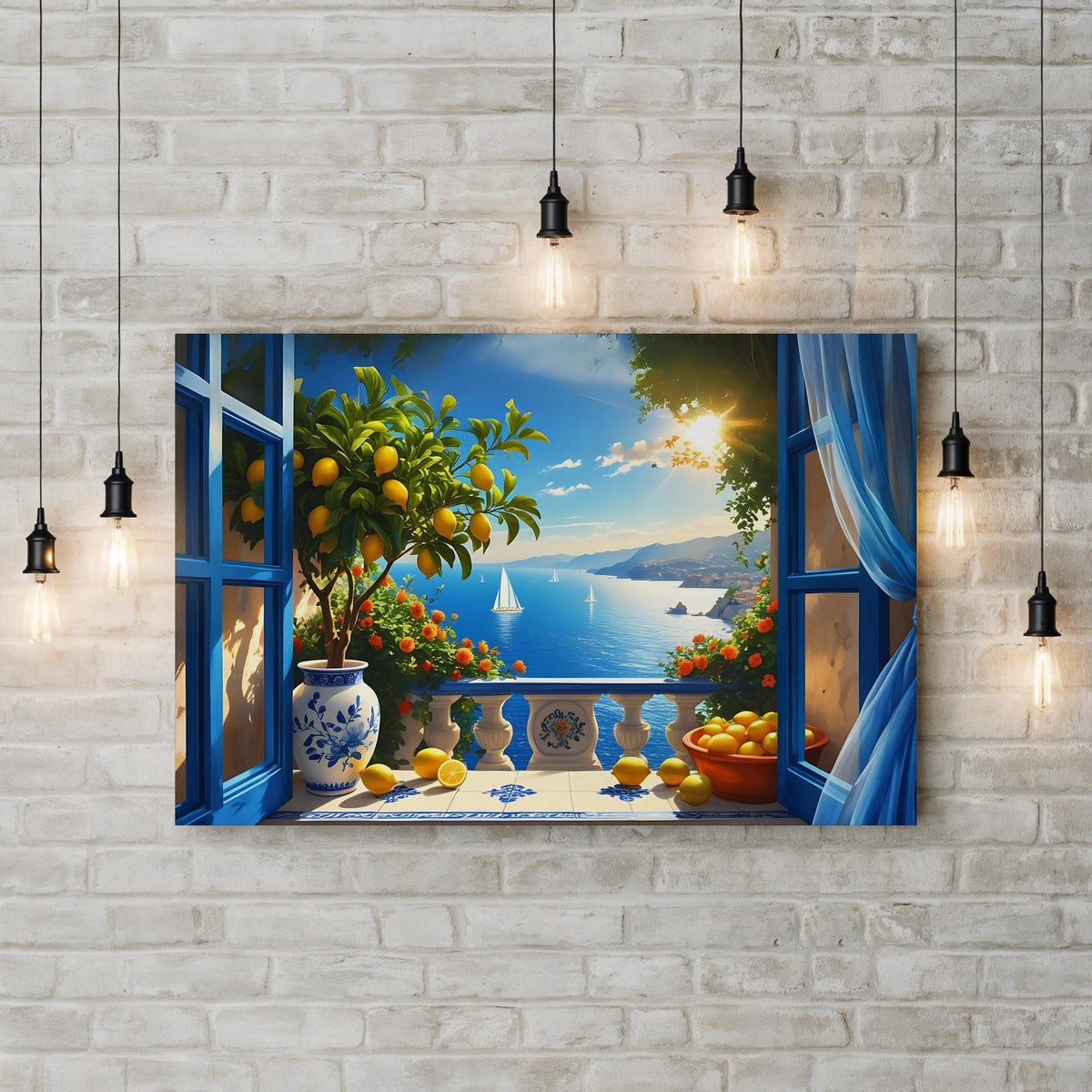 Coastal Still Life with Lemons and Sailboats canvas print in Standard frame