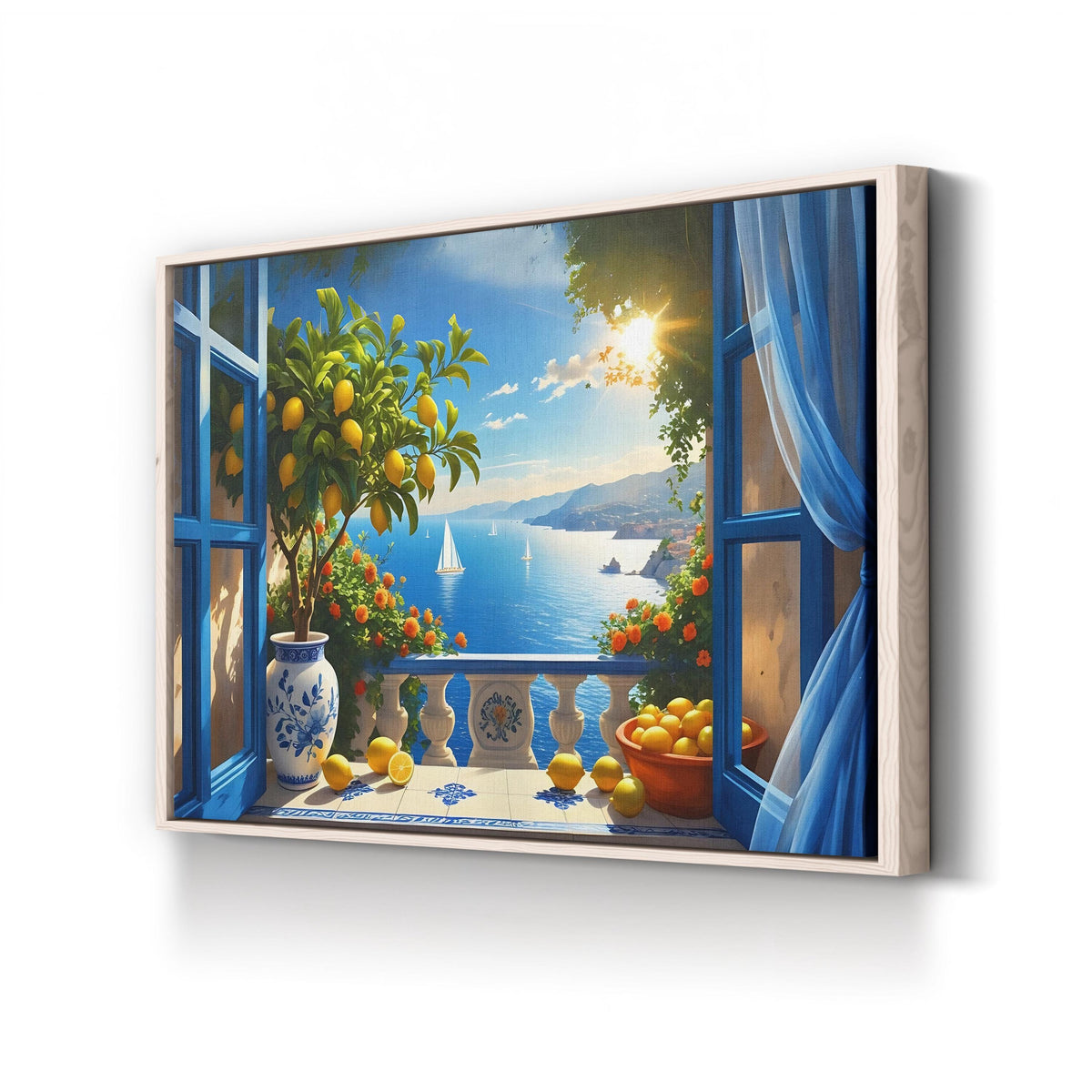 Coastal Still Life with Lemons and Sailboats canvas print in Natural frame