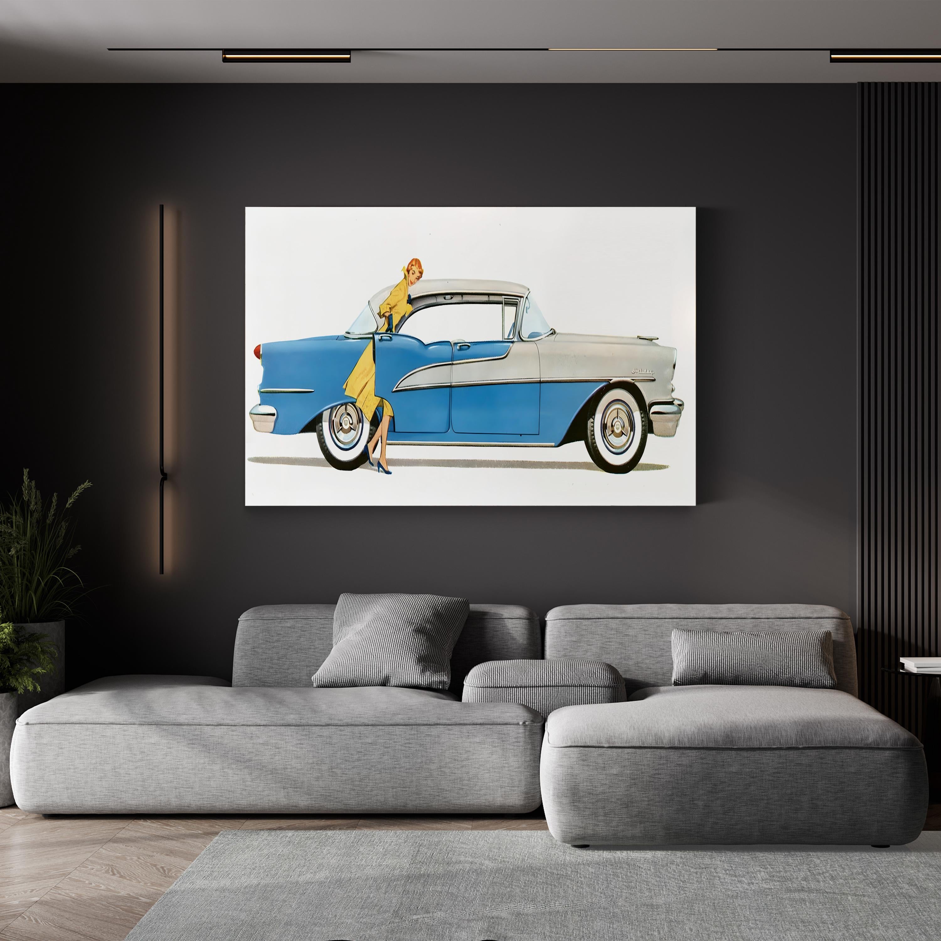 1950s Oldsmobile Sky-Blue Convertible – Period Advertisement Wall Art | Mid-Century Automotive Canvas Print
