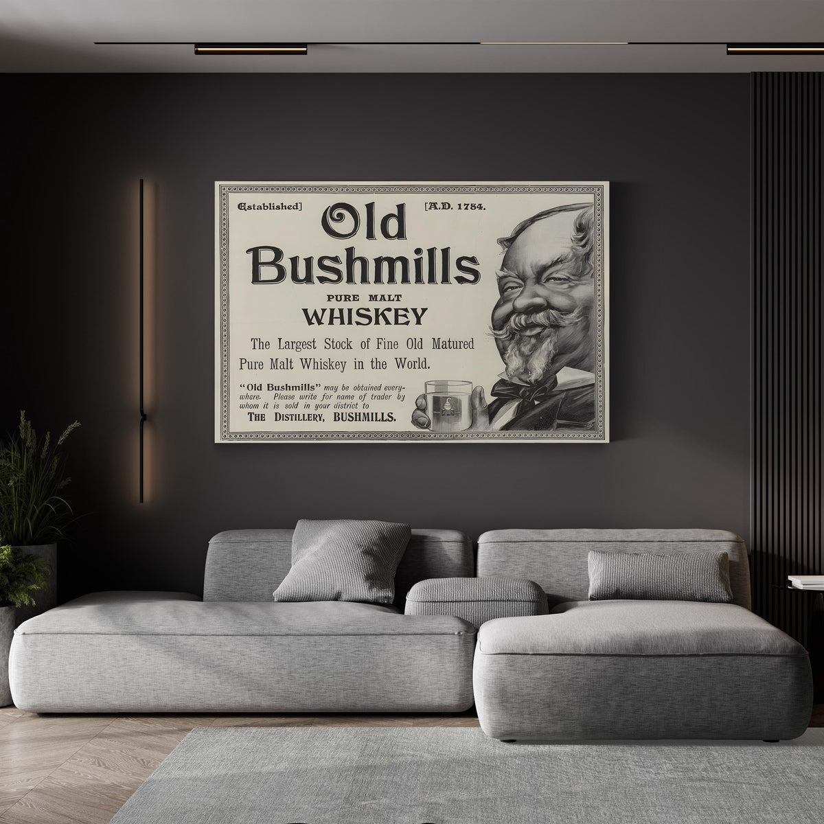Old Bushmills Pure Malt Whiskey Advertisement canvas print displayed in a modern living room with a gray sofa