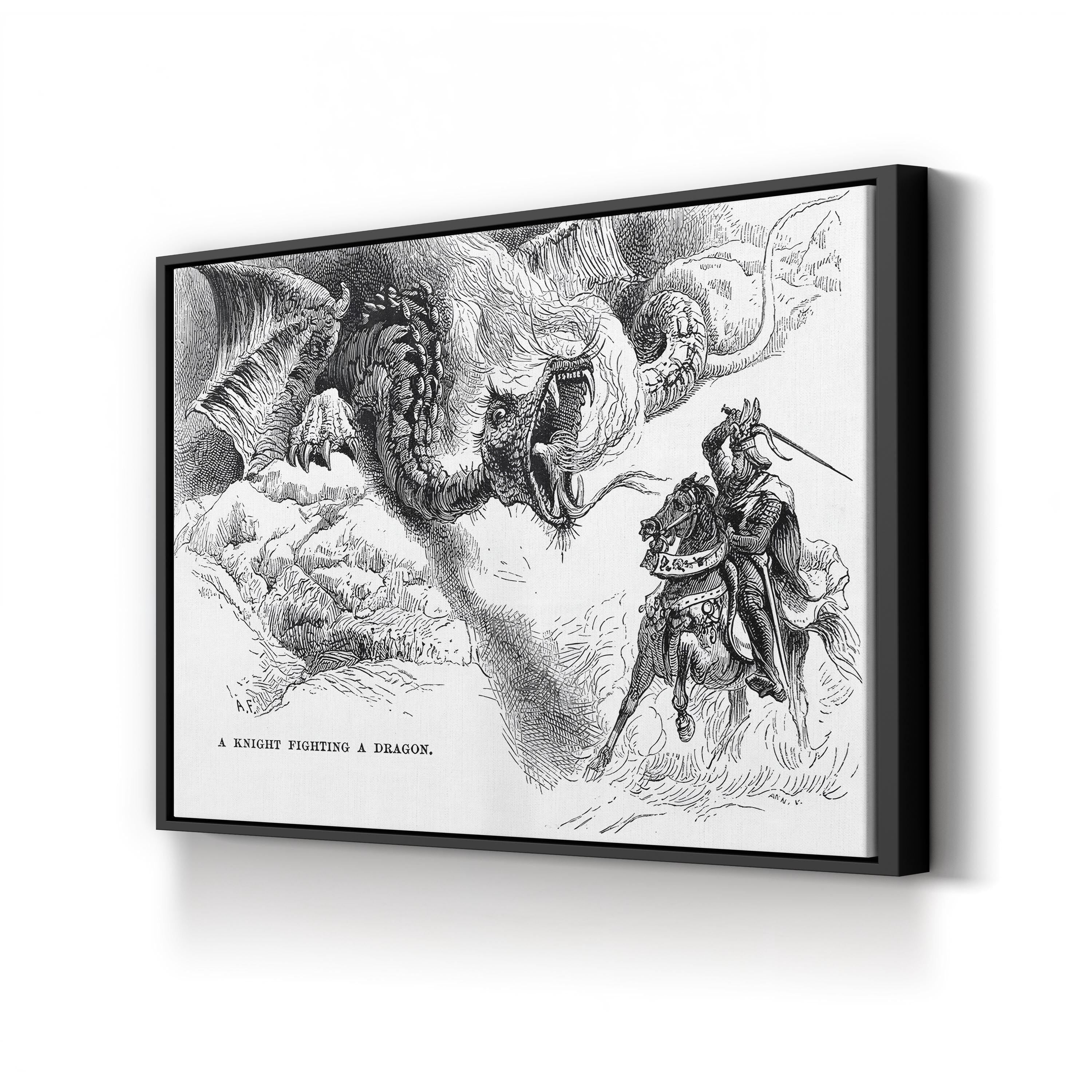 A Knight Errant Fighting a Dragon Wall Art | 19th Century Medieval Fantasy Illustration Canvas