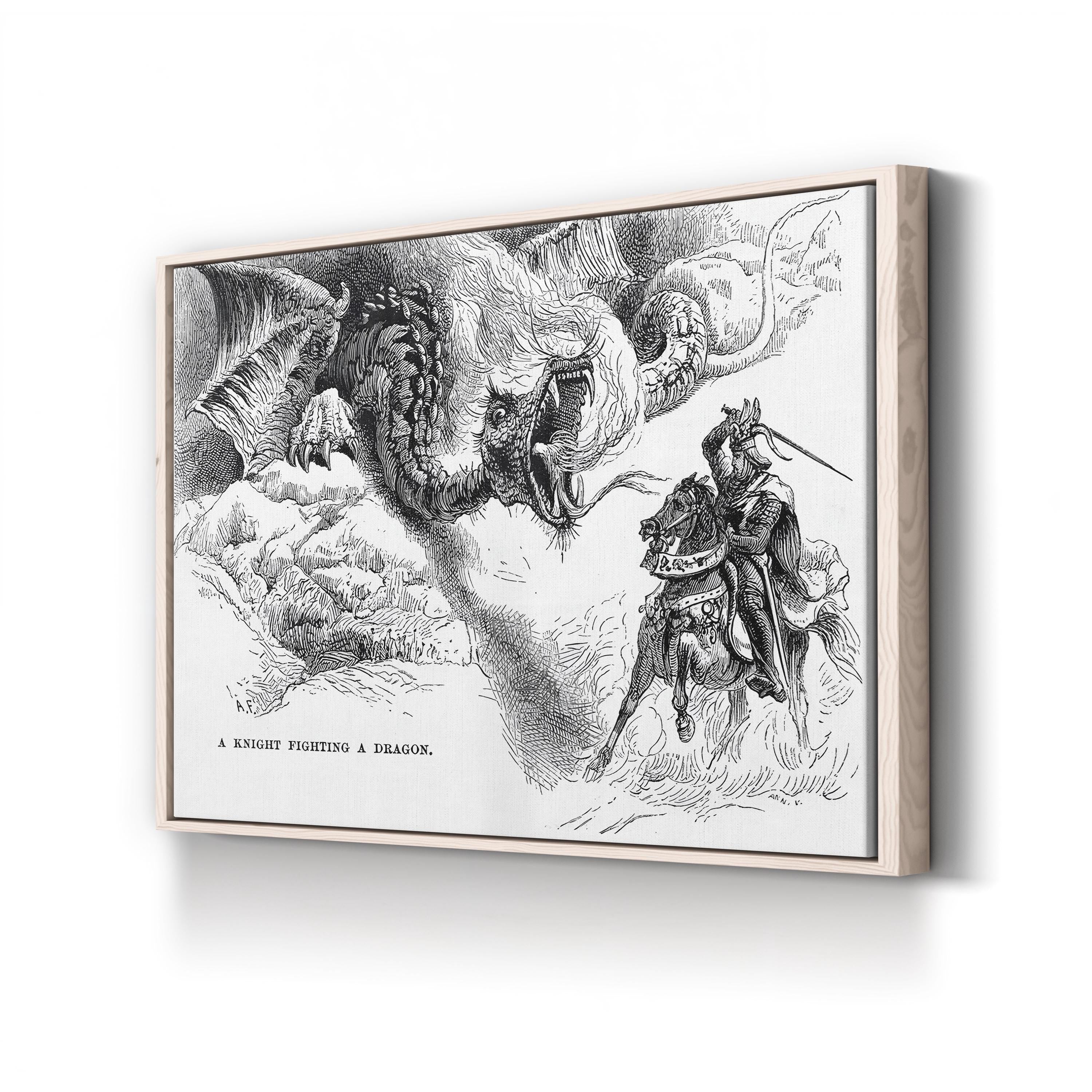 A Knight Errant Fighting a Dragon Wall Art | 19th Century Medieval Fantasy Illustration Canvas