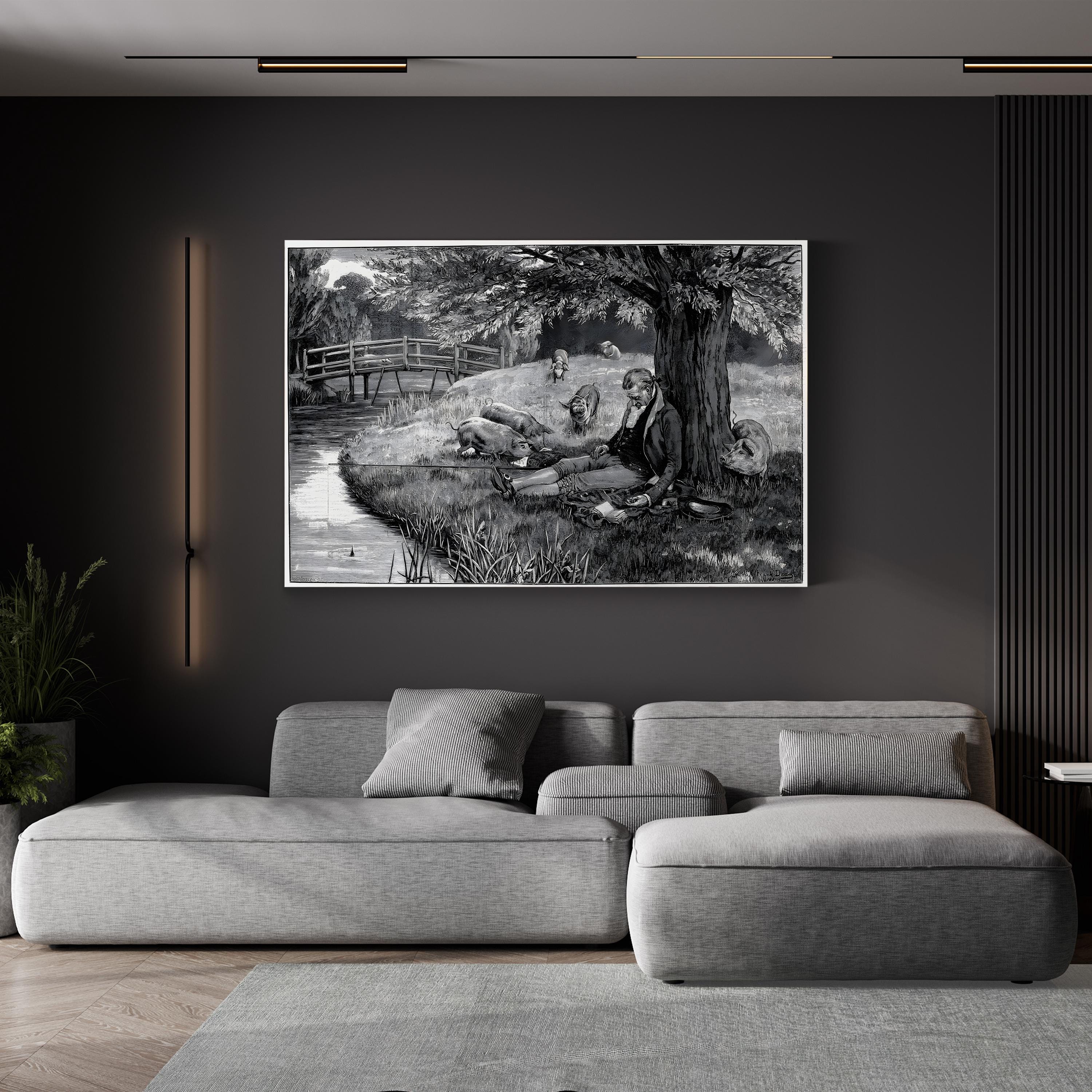 18th Century Angler Fishing – Period Illustration Wall Art | Vintage Landscape Canvas Print