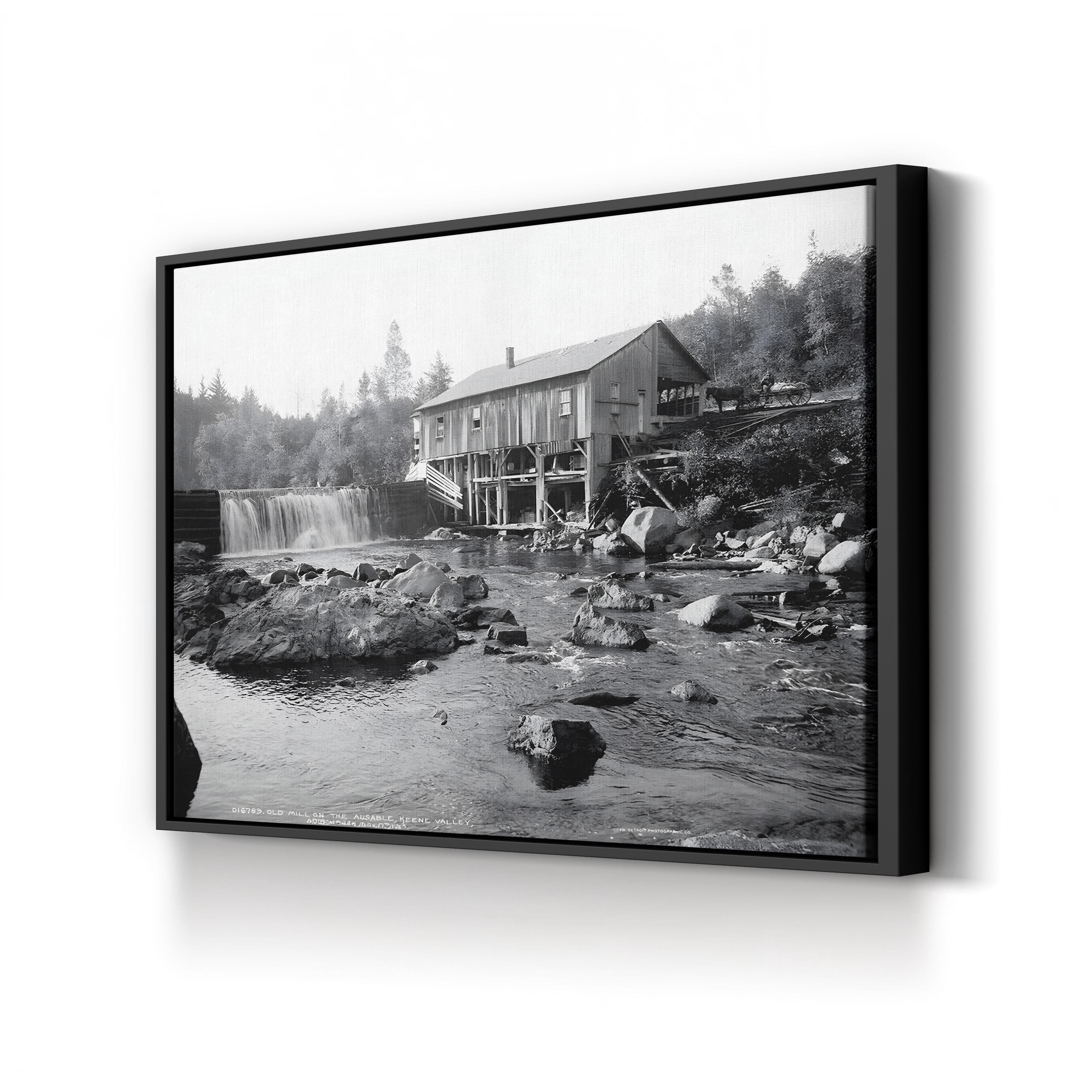 An Old Mill on the Ausable River, Adirondack Mountains, New York, c.1903 – Black & White Vintage Landscape Photograph Canvas
