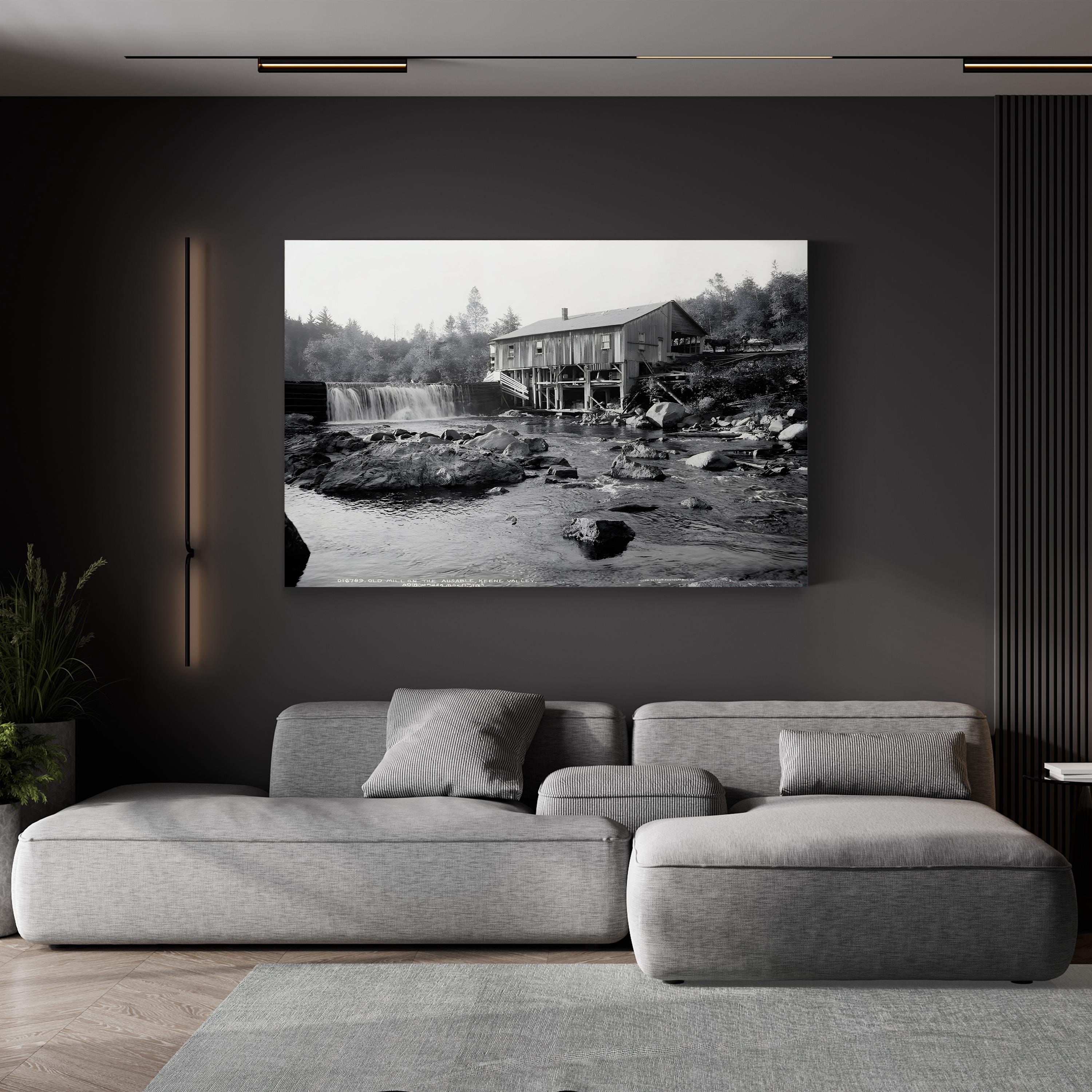 An Old Mill on the Ausable River, Adirondack Mountains, New York, c.1903 – Black & White Vintage Landscape Photograph Canvas