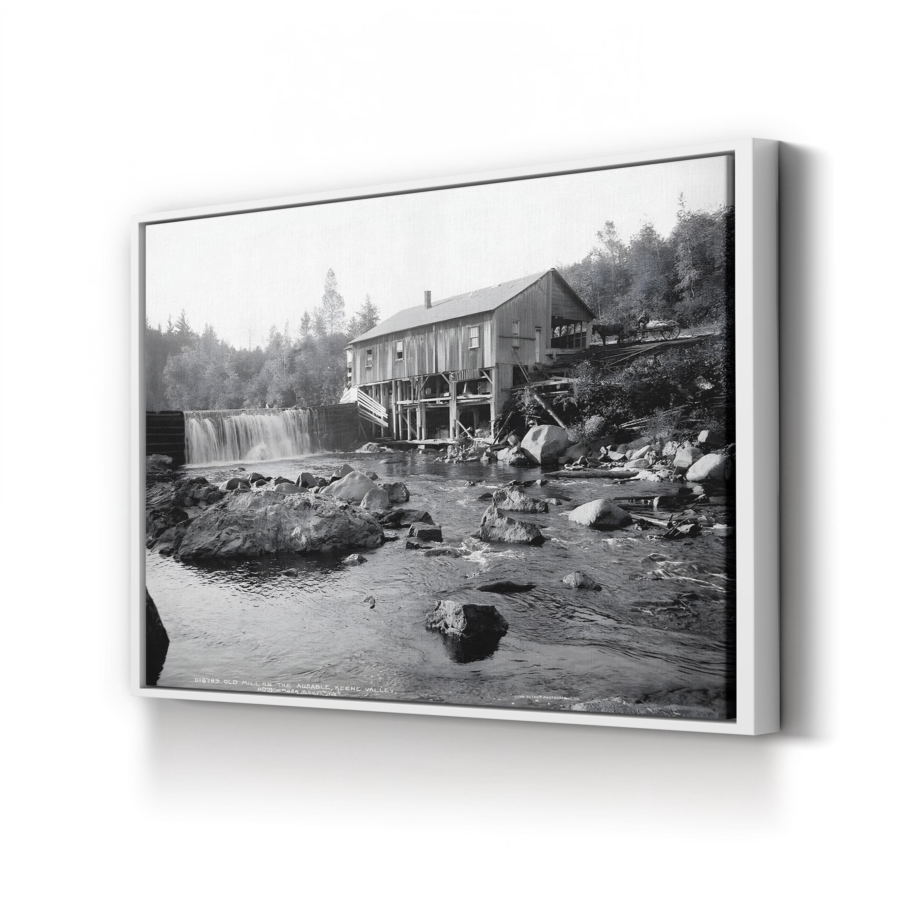 An Old Mill on the Ausable River, Adirondack Mountains, New York, c.1903 – Black & White Vintage Landscape Photograph Canvas