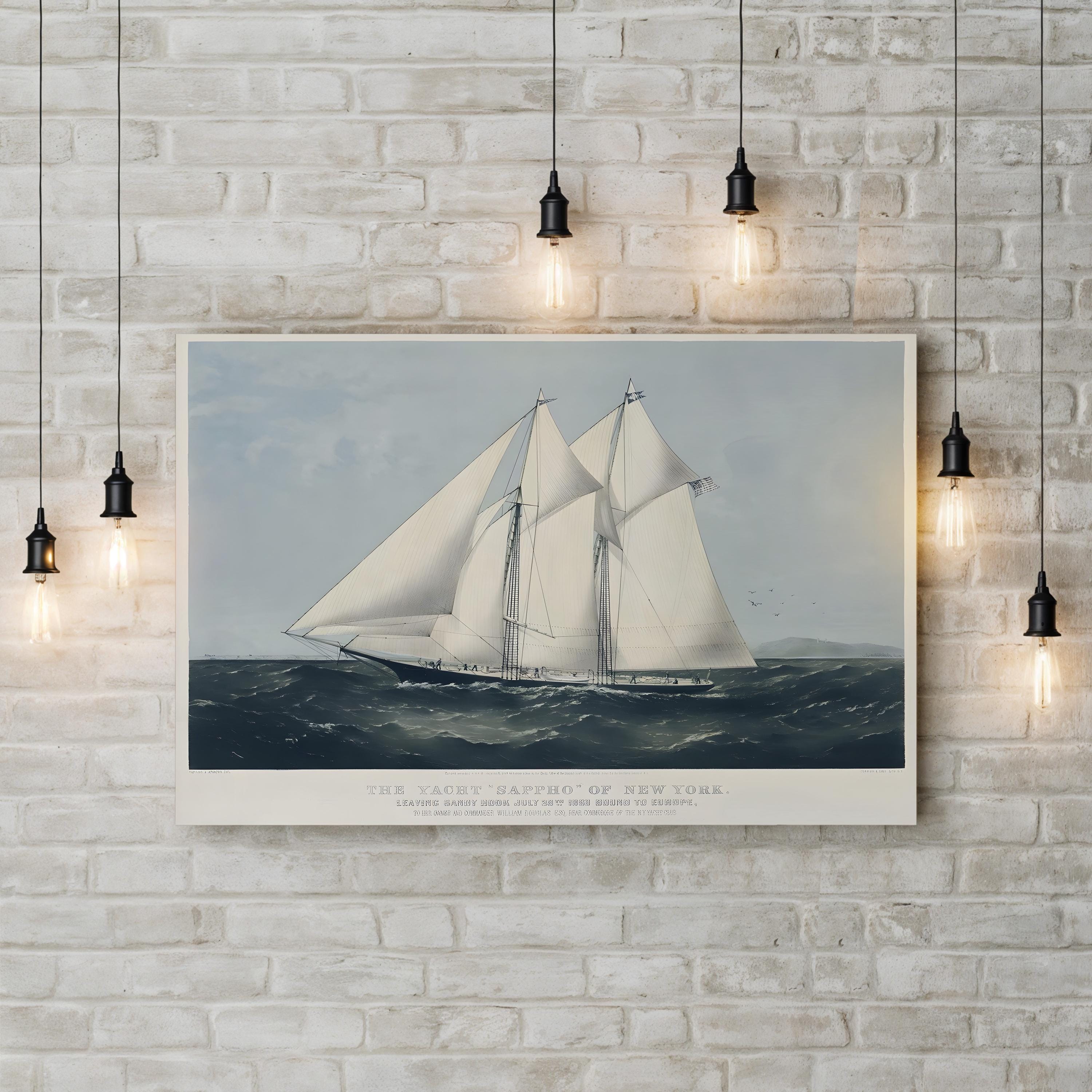 Framed artwork of a sailboat on a brick wall with pendant lights.