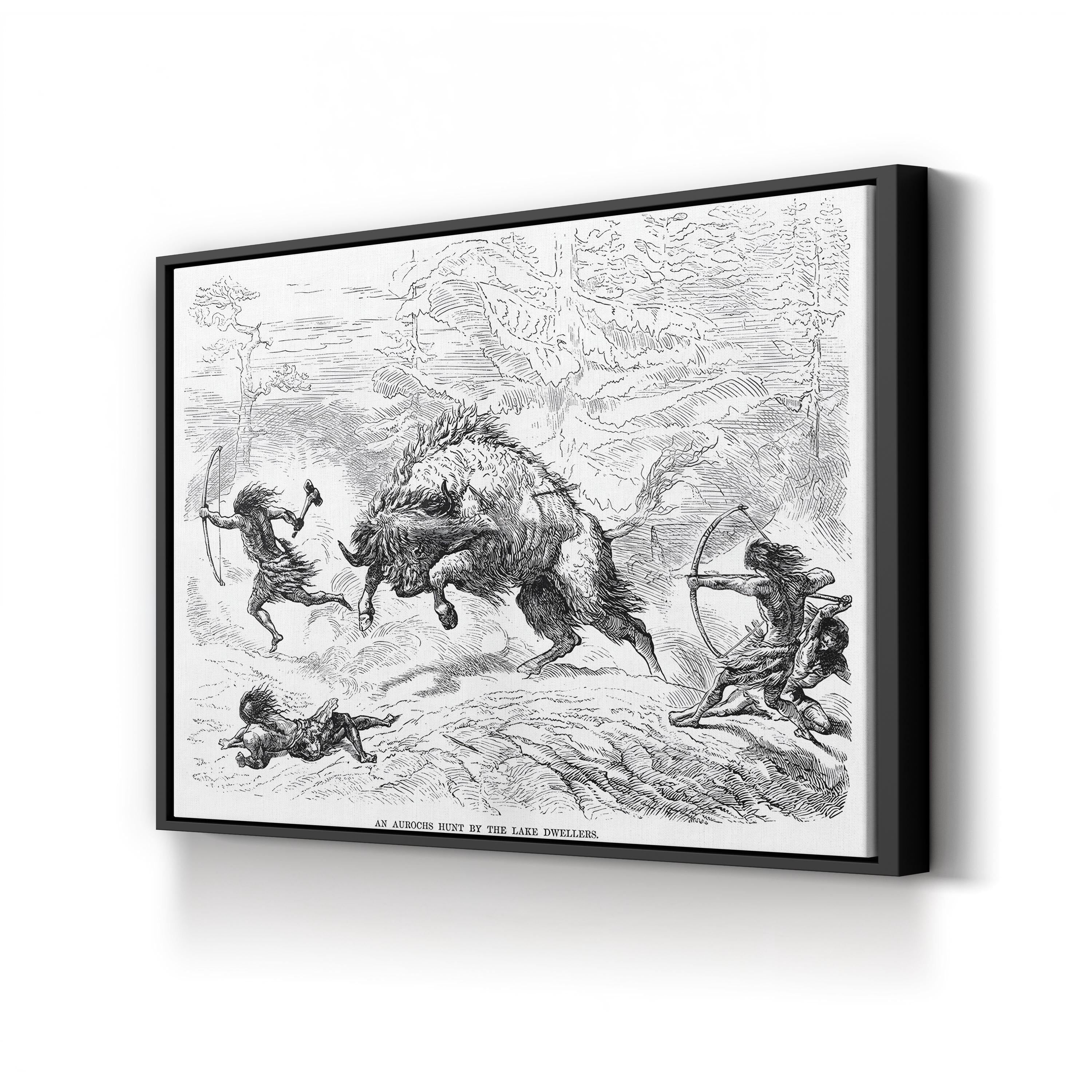 An Aurochs Hunt by the Lake Dwellers canvas print in black frame