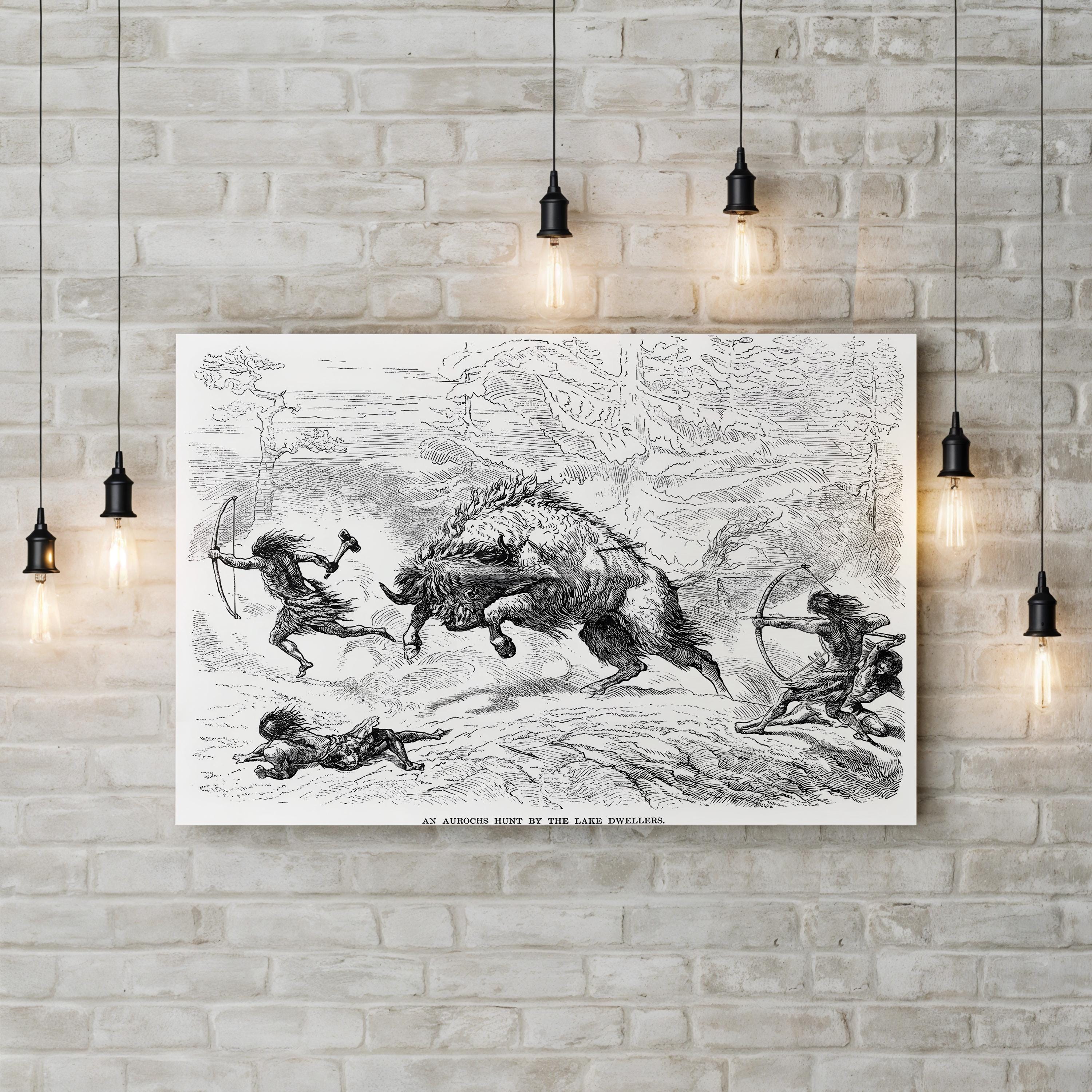 Aurochs Hunt Wall Art – 19th Century Prehistoric Line Engraving Canvas Print