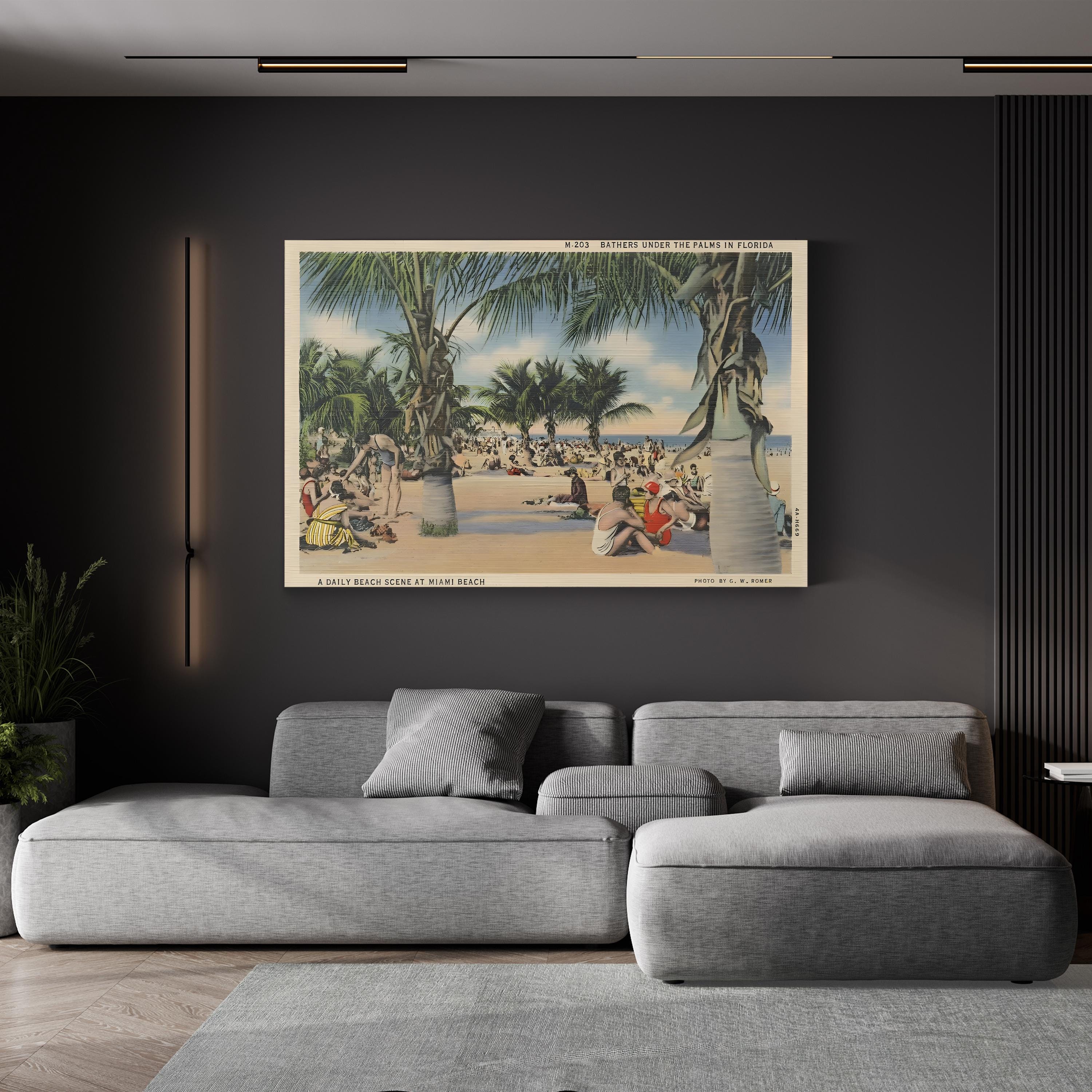 Miami Beach Postcard – Period Illustration Wall Art | Mid-Century Coastal Canvas Print