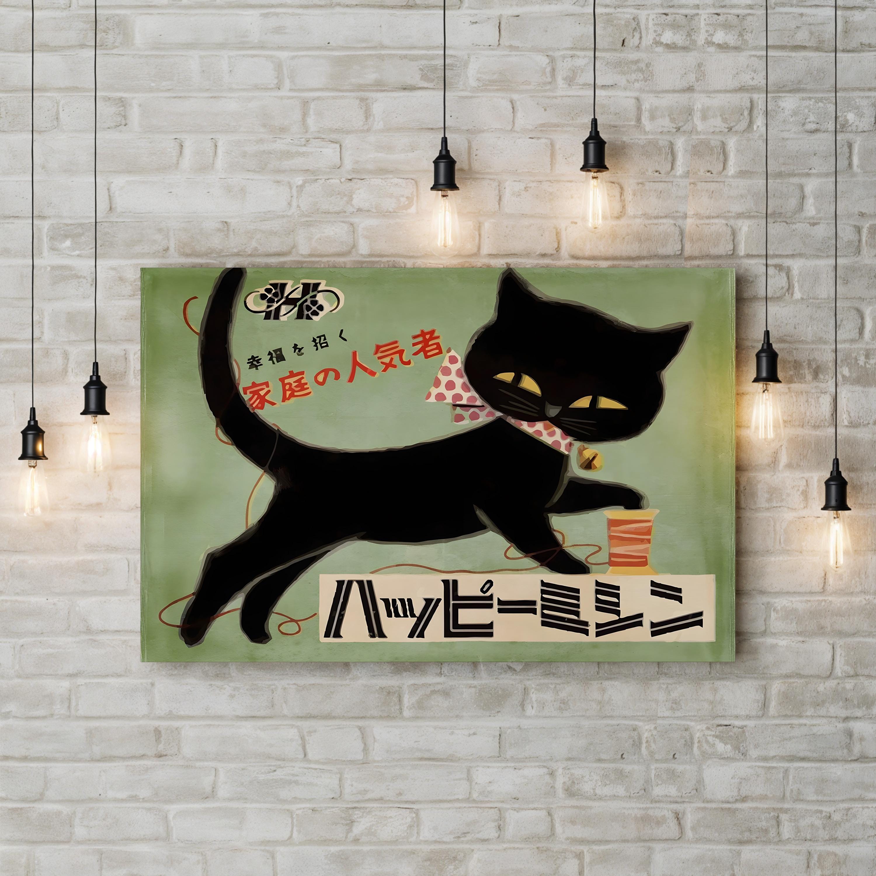 Japanese Black Cat Advertisement – Period Illustration Wall Art | Retro Canvas Print