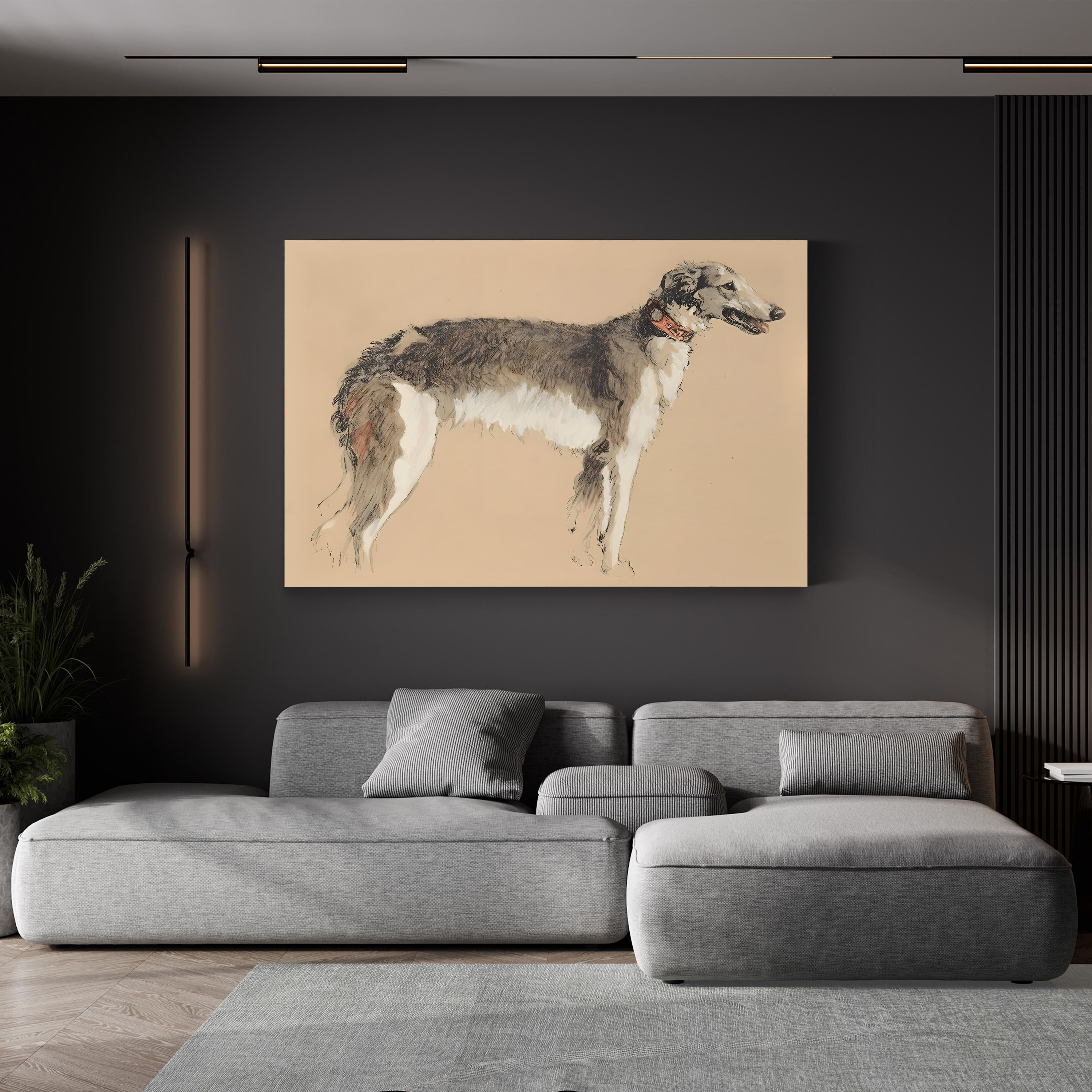 Borzoi Study, 1930, by Cecil Aldin canvas print displayed in a dark living room