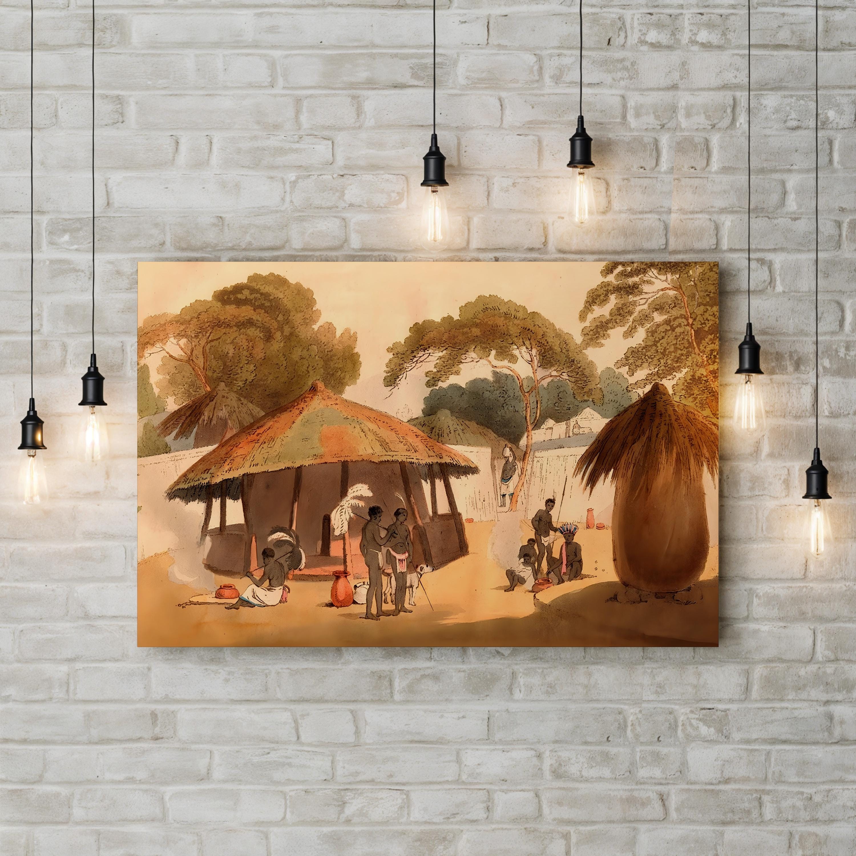 Canvas print of a rustic scene with people and a hut on a brick wall.