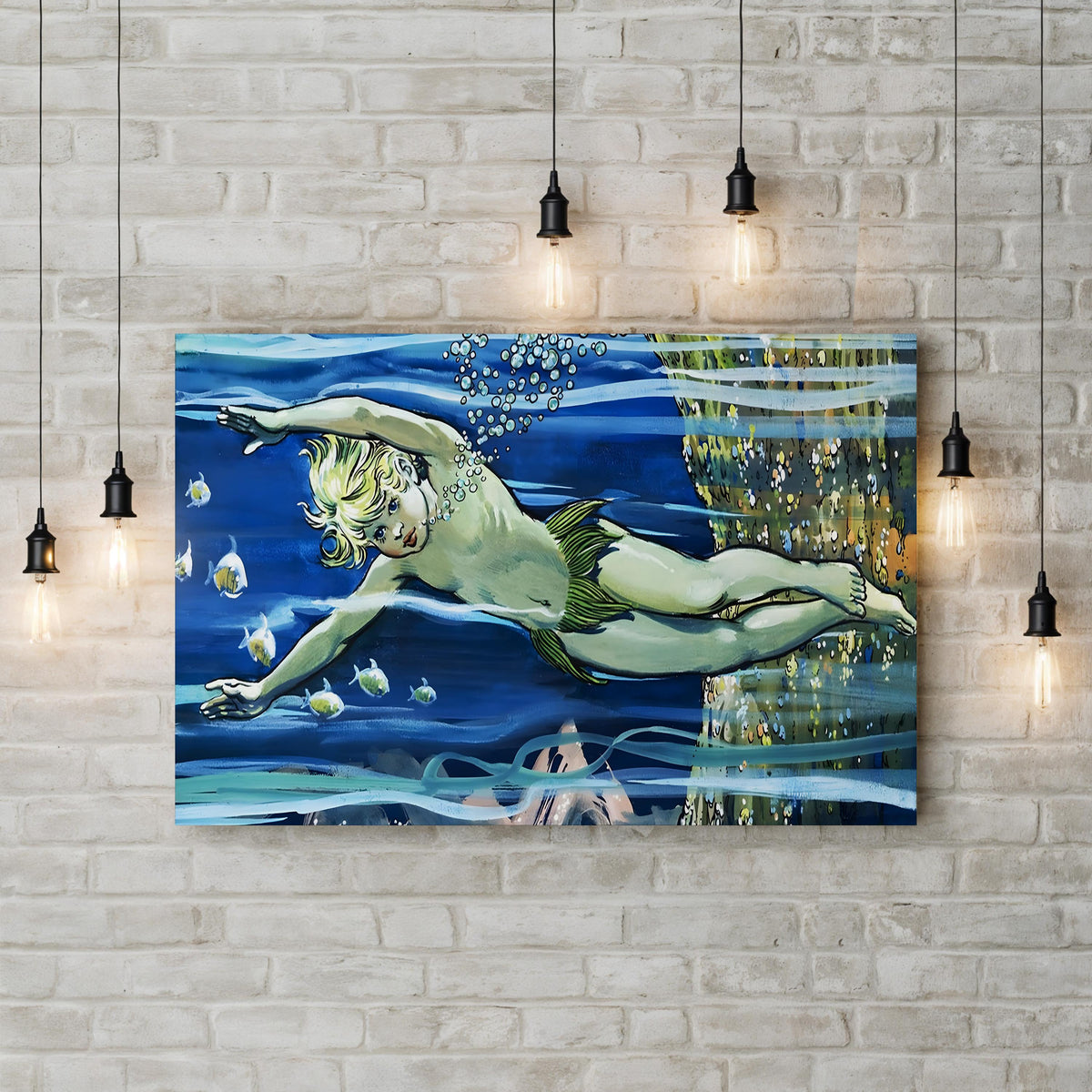 Boy Swimming from The Water-Babies by Jesus Blasco canvas print displayed on a white brick wall with pendant lights