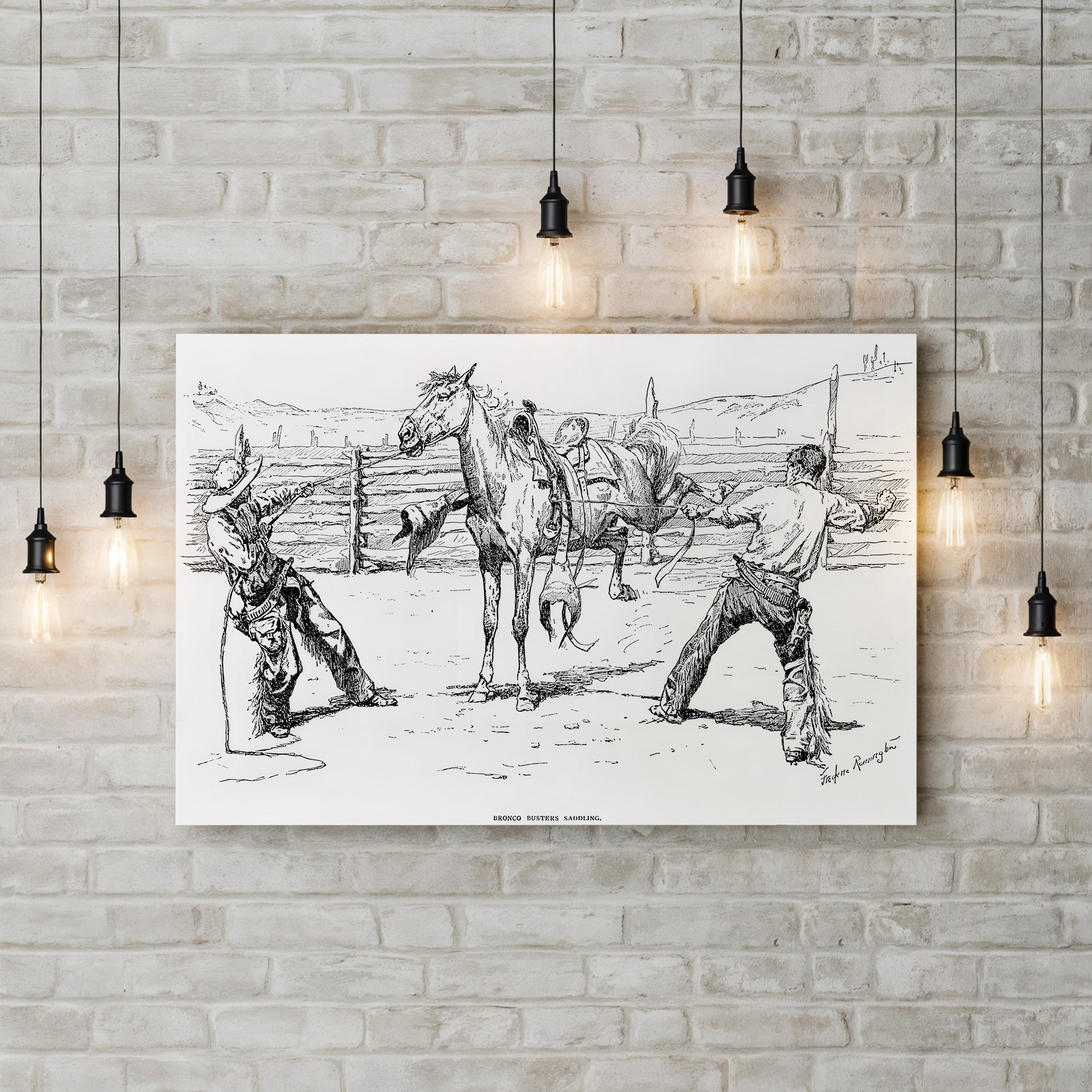 Bronco Busters Cowboys – Period Illustration Wall Art | Vintage Rodeo Canvas Print