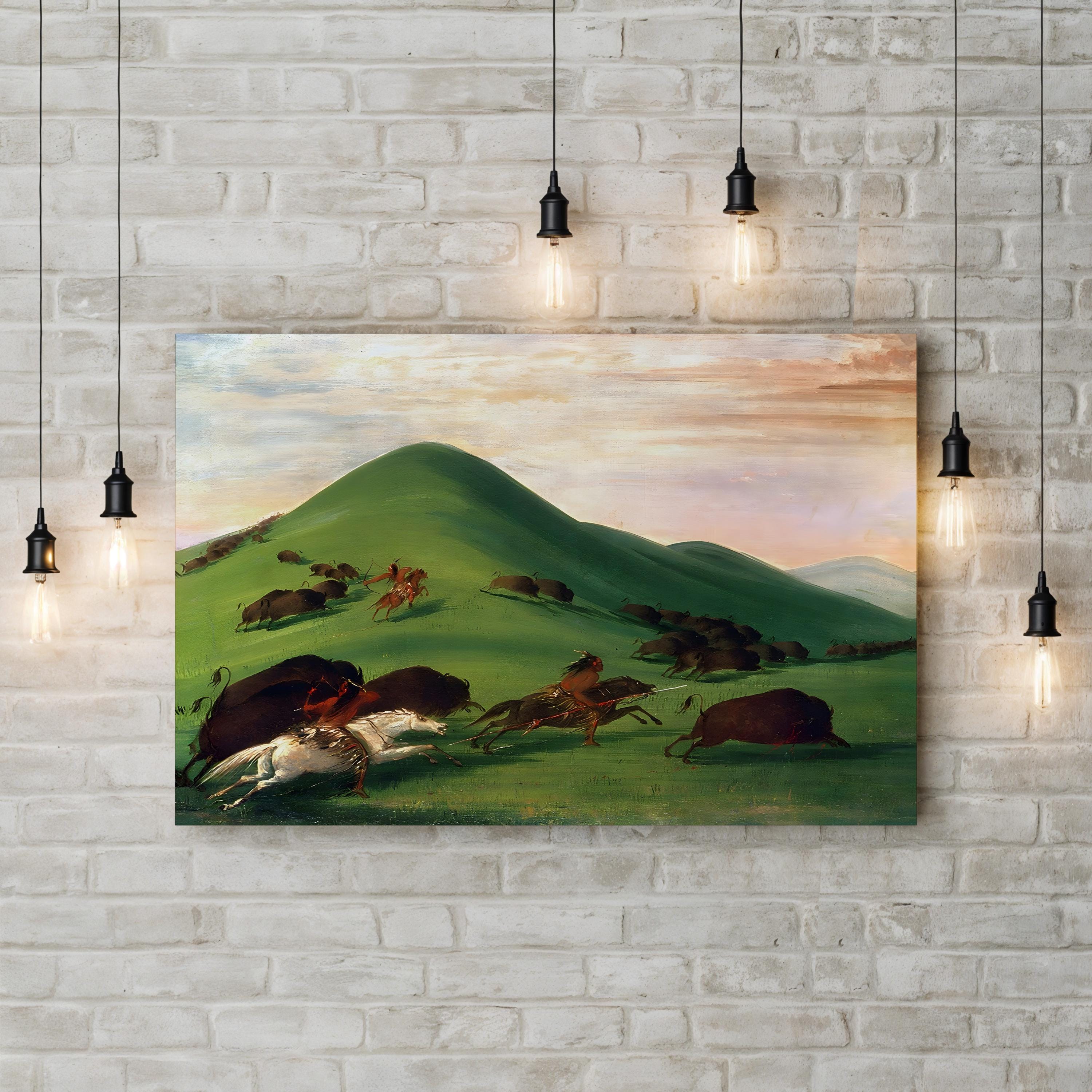 Buffalo Hunt, 1830s Wall Art by George Catlin – Western Native American Historical Canvas