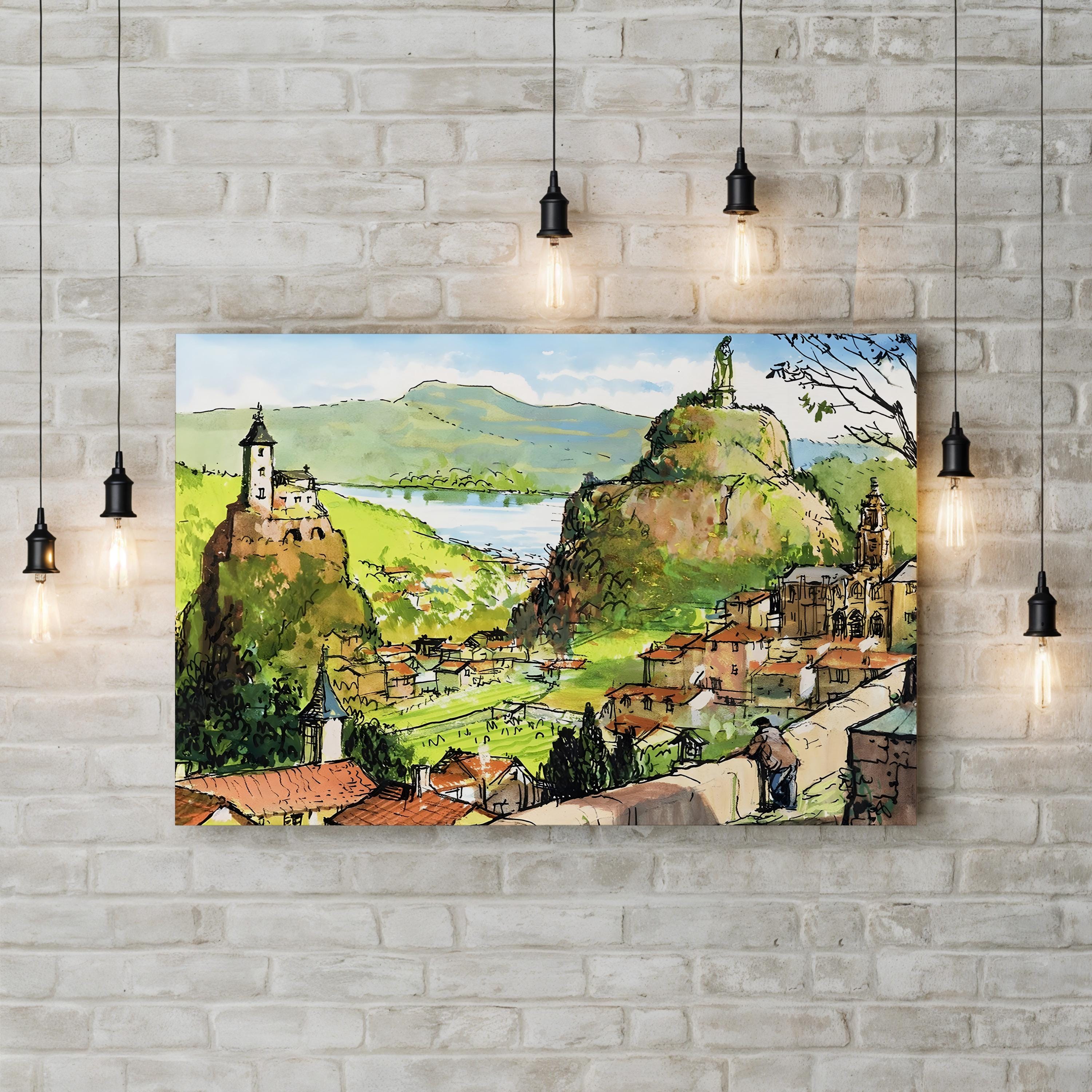 Hilltop Church Countryside – Period Illustration Wall Art | Pastoral Village Canvas Print