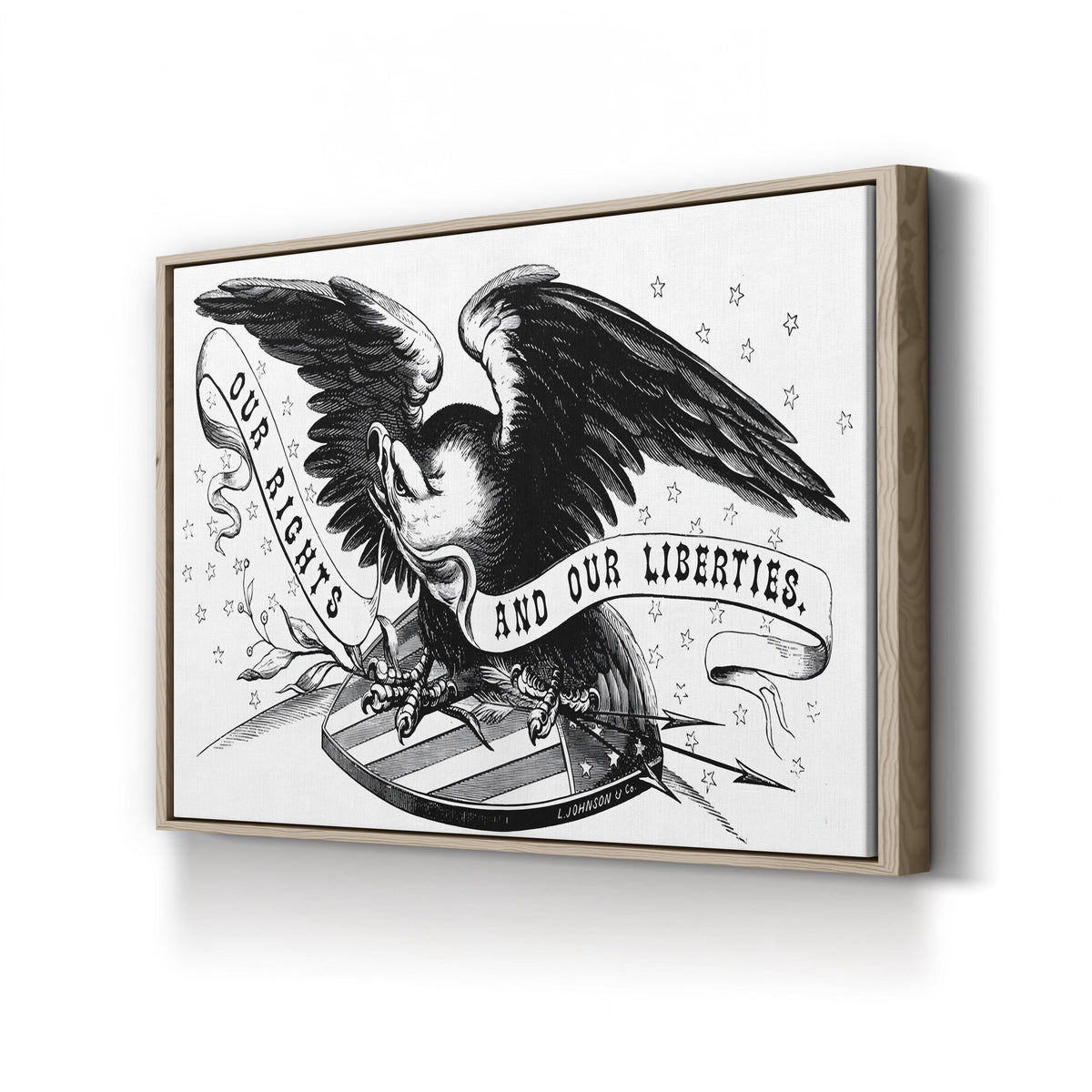 American Eagle with “Our Rights and Our Liberties” Banner Engraving canvas print in Oak Framed Canvas