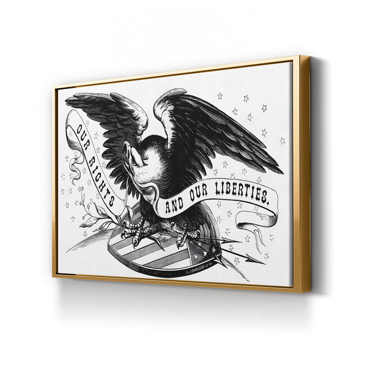 American Eagle with “Our Rights and Our Liberties” Banner Engraving canvas print in Gold Framed Canvas