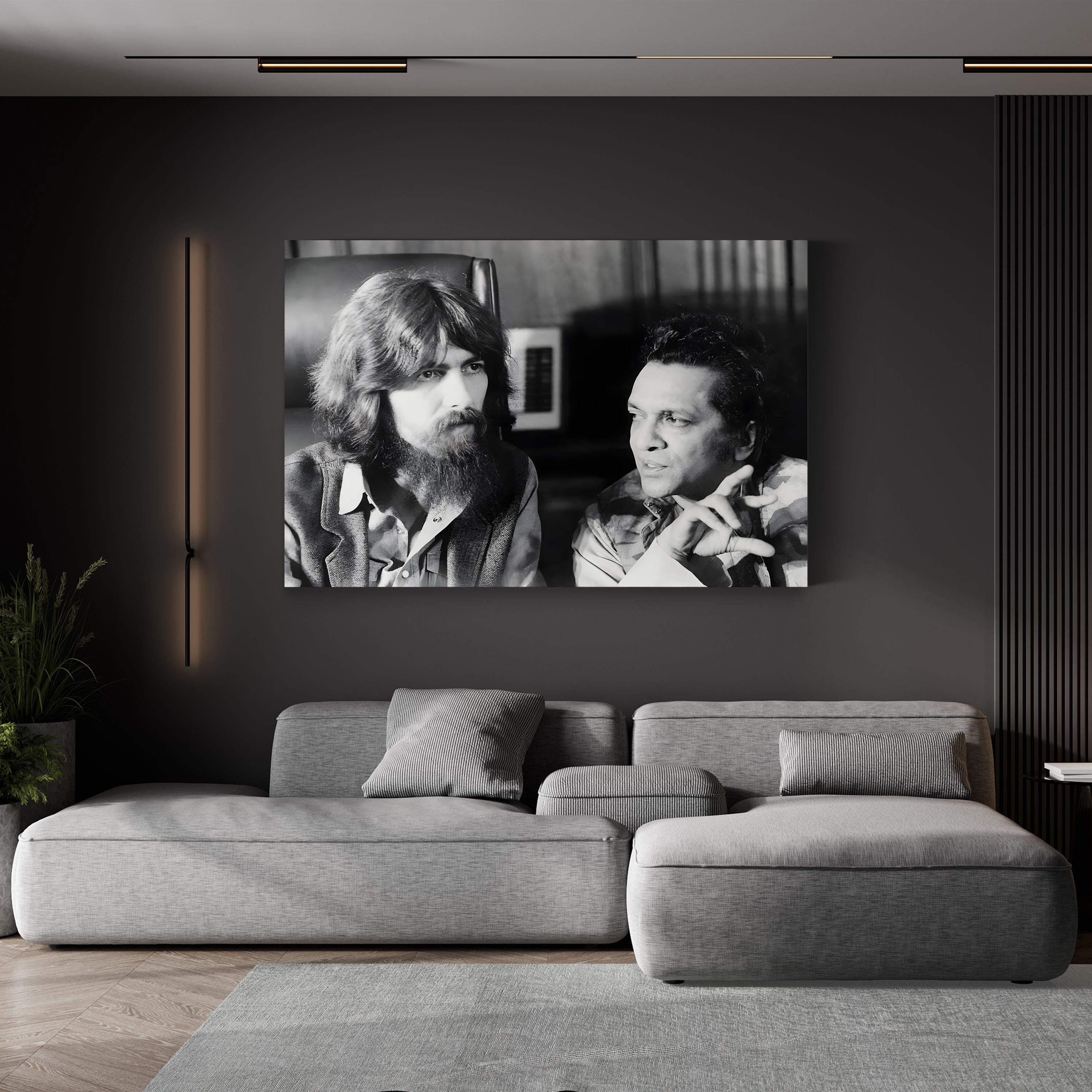 George Harrison & Ravi Shankar Canvas Print – 1971 Music History Black and White Photography Art