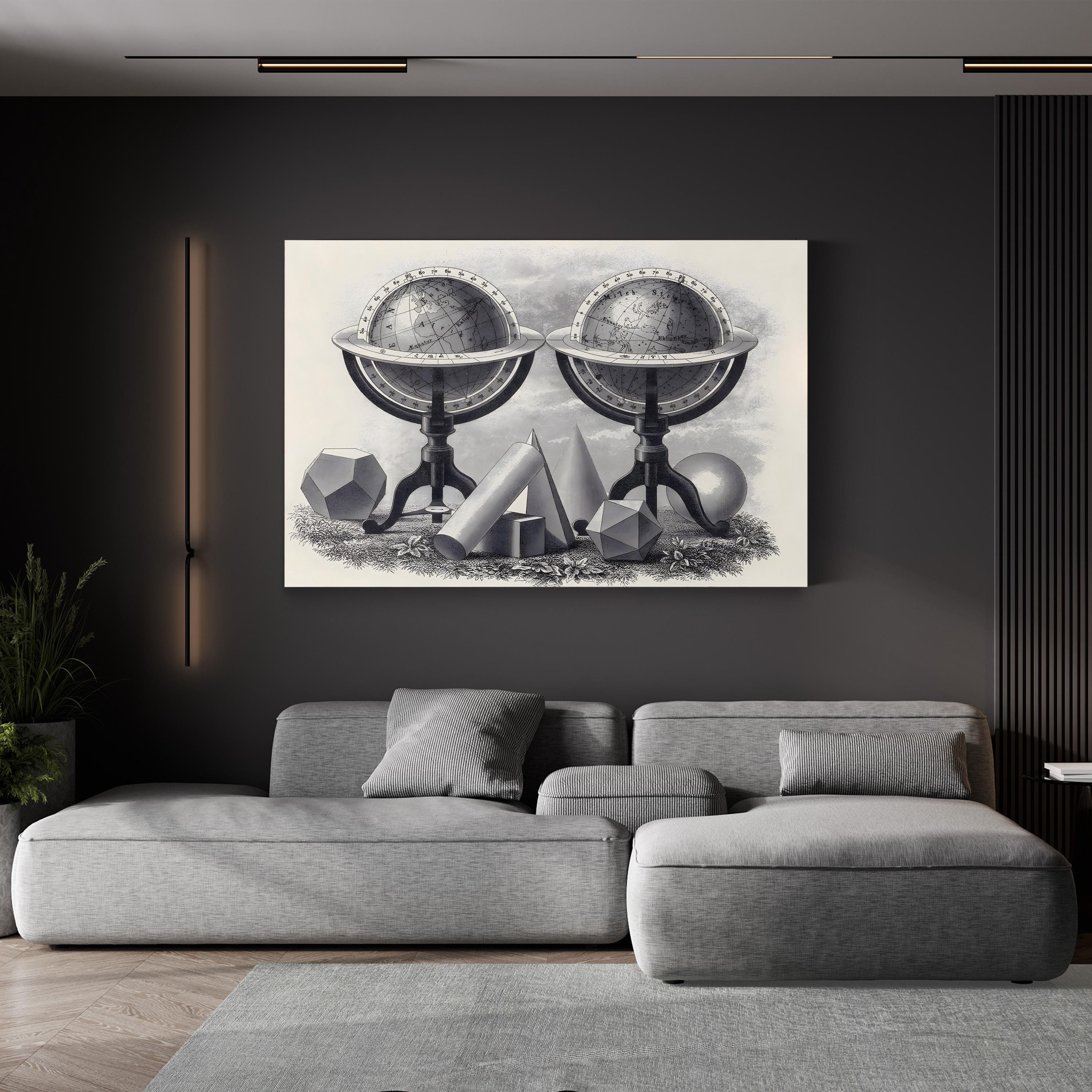 Globes of the Earth & Heavens canvas print displayed above a gray sofa