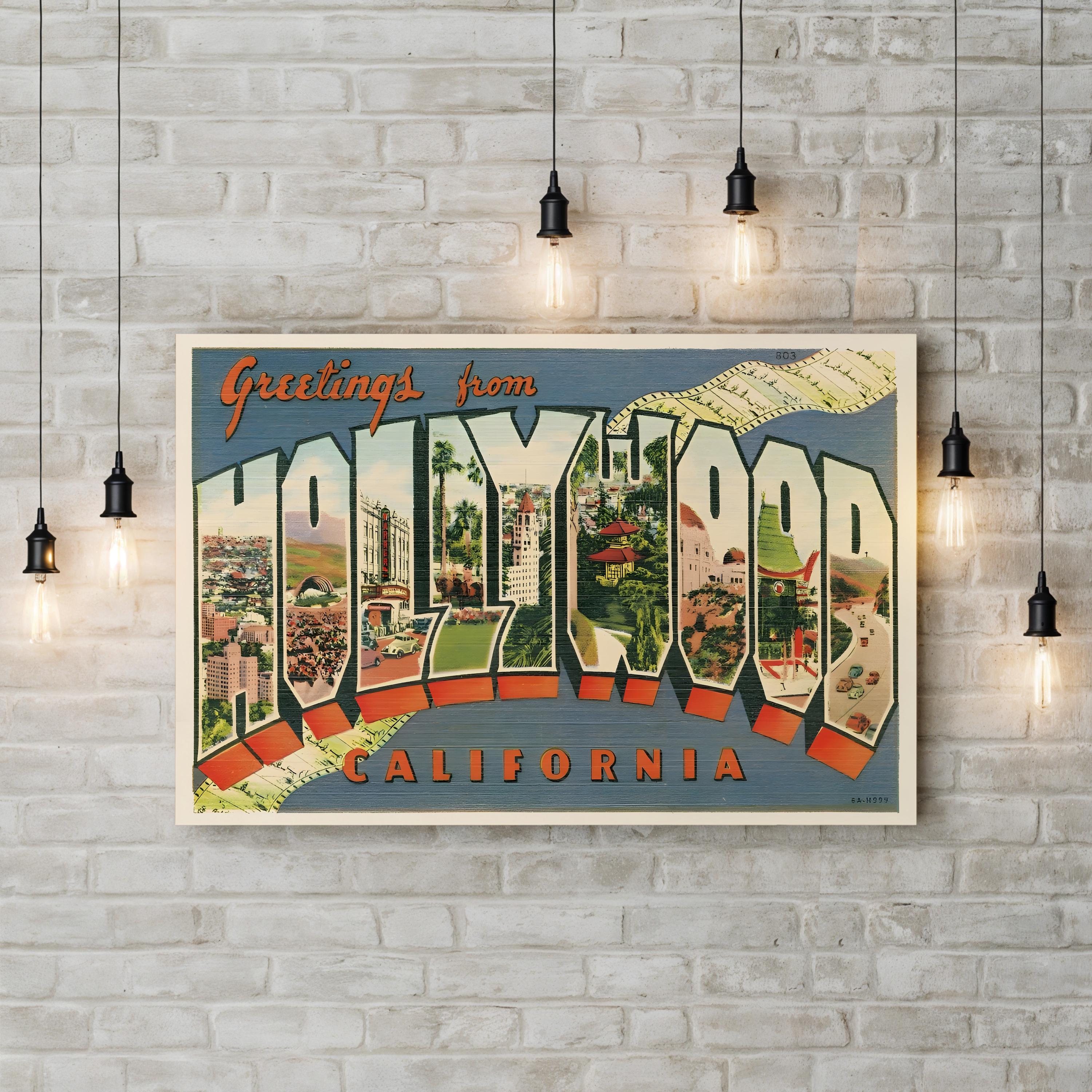 Greetings from Hollywood Postcard – Period Illustration Wall Art | Retro Travel Canvas Print