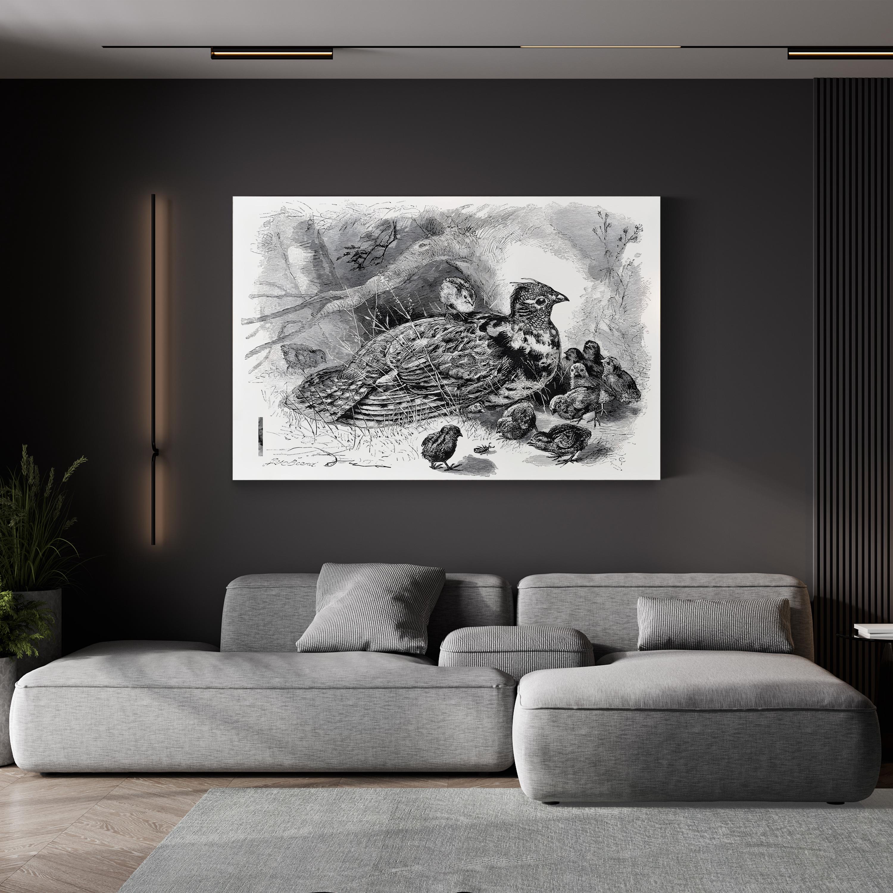Grouse and Young – Framed Vintage Wildlife Engraving Canvas Art by James Carter Beard